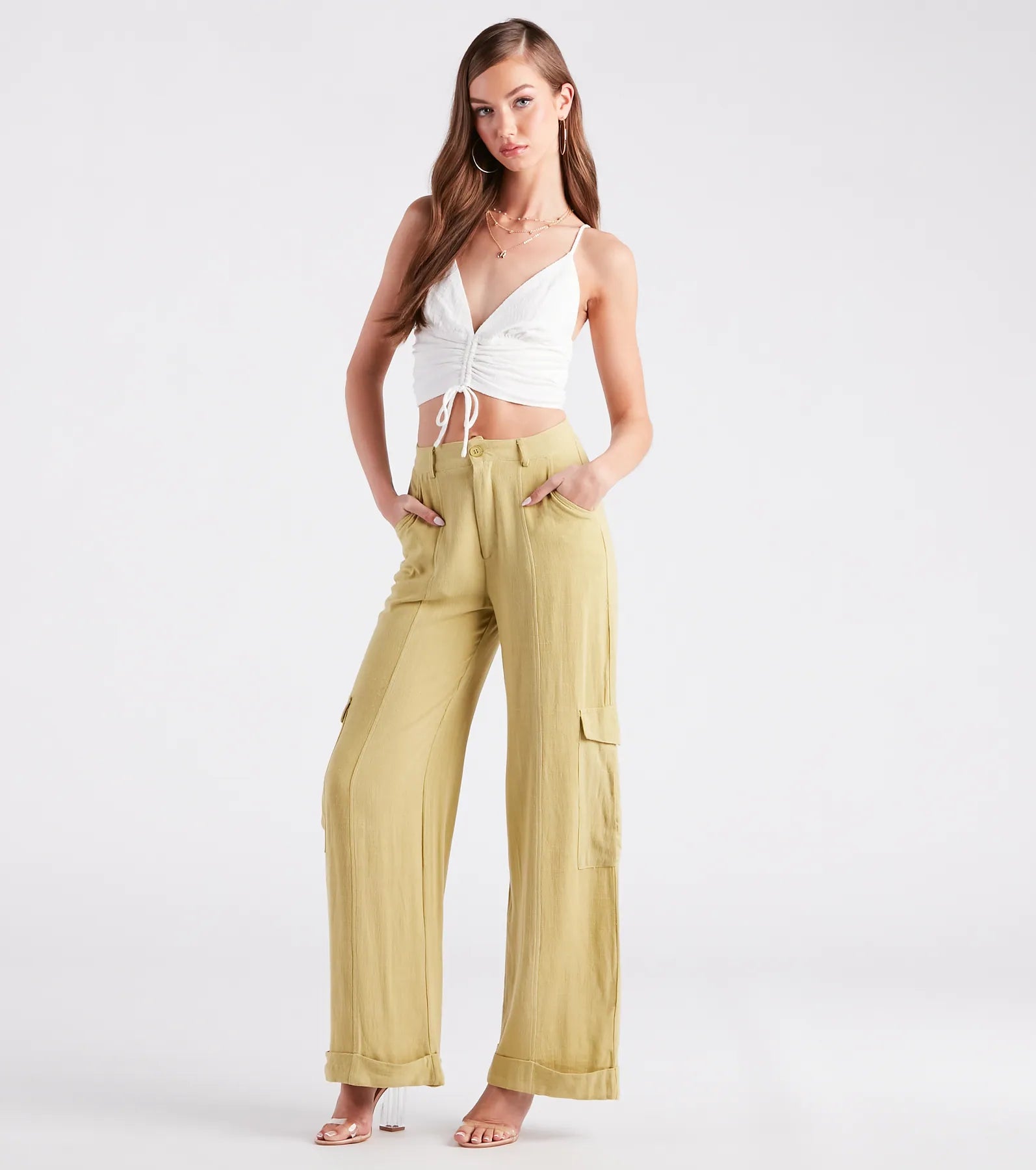 Coastal Drive Linen Wide-Leg Cargo Pants