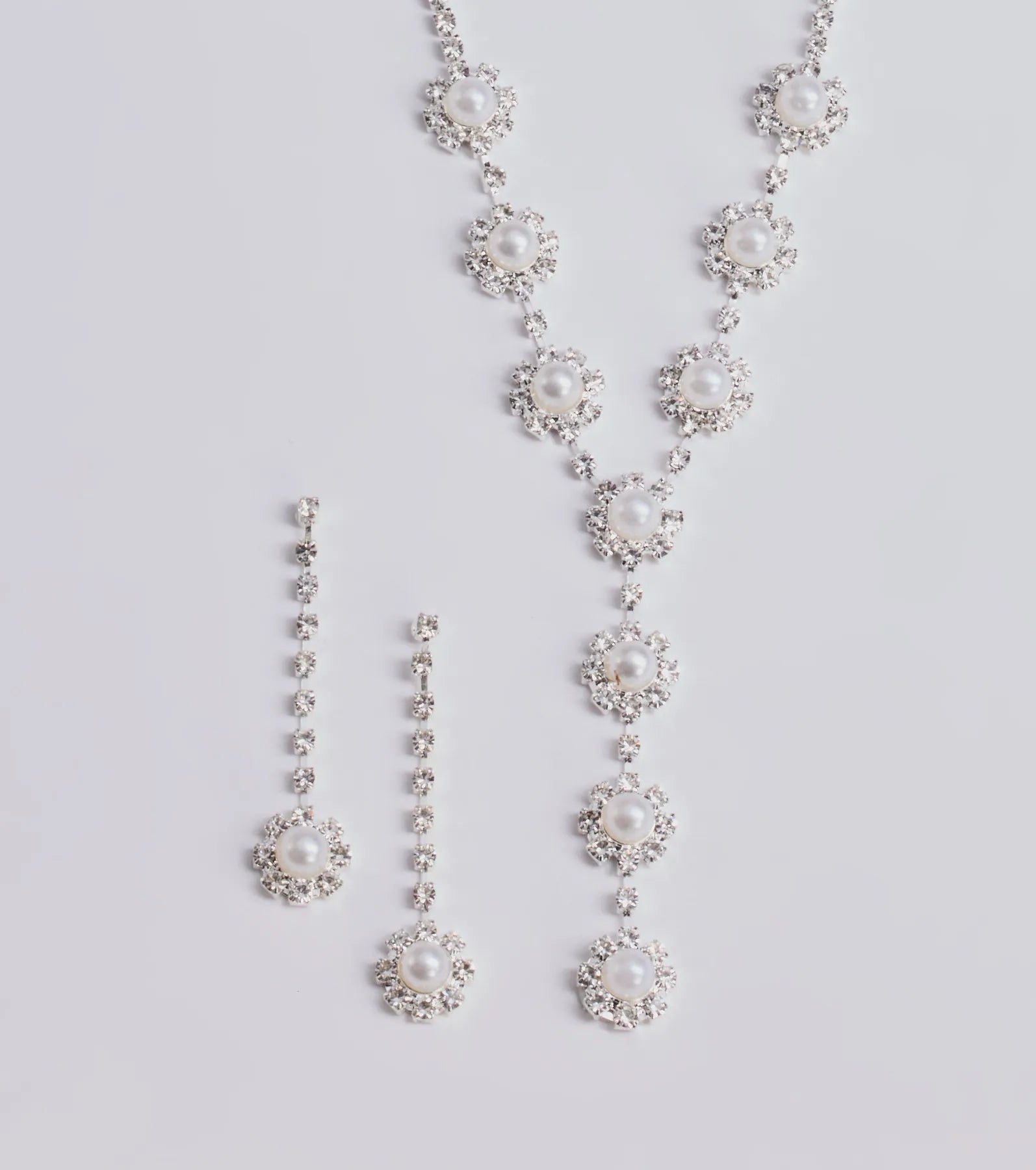 Truly Glam Rhinestone and Pearl Lariat Necklace Set