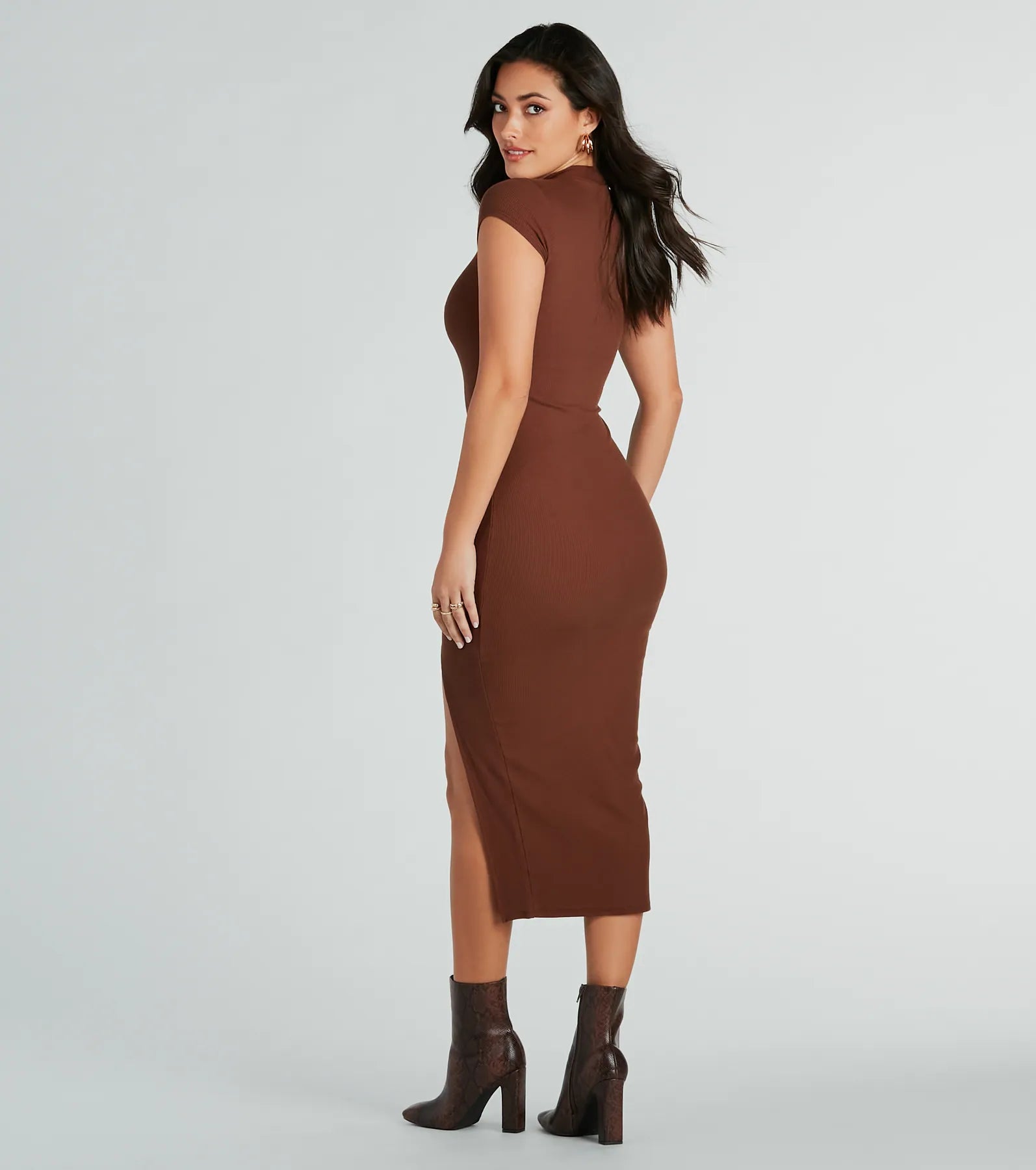 Sweet Demeanor Mock Neck Ribbed Knit Midi Dress