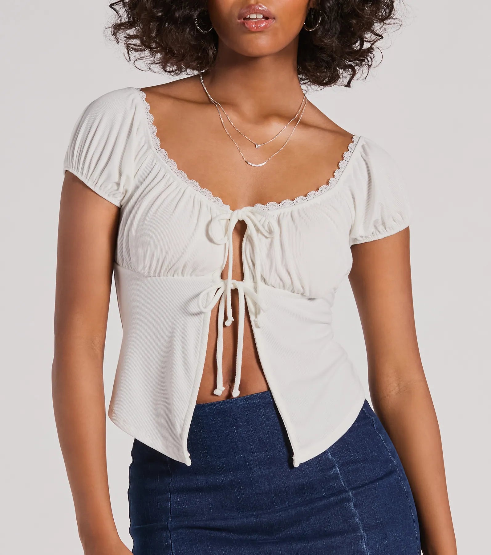 Sultry Example Tie-Front Lace Trim Crop Top