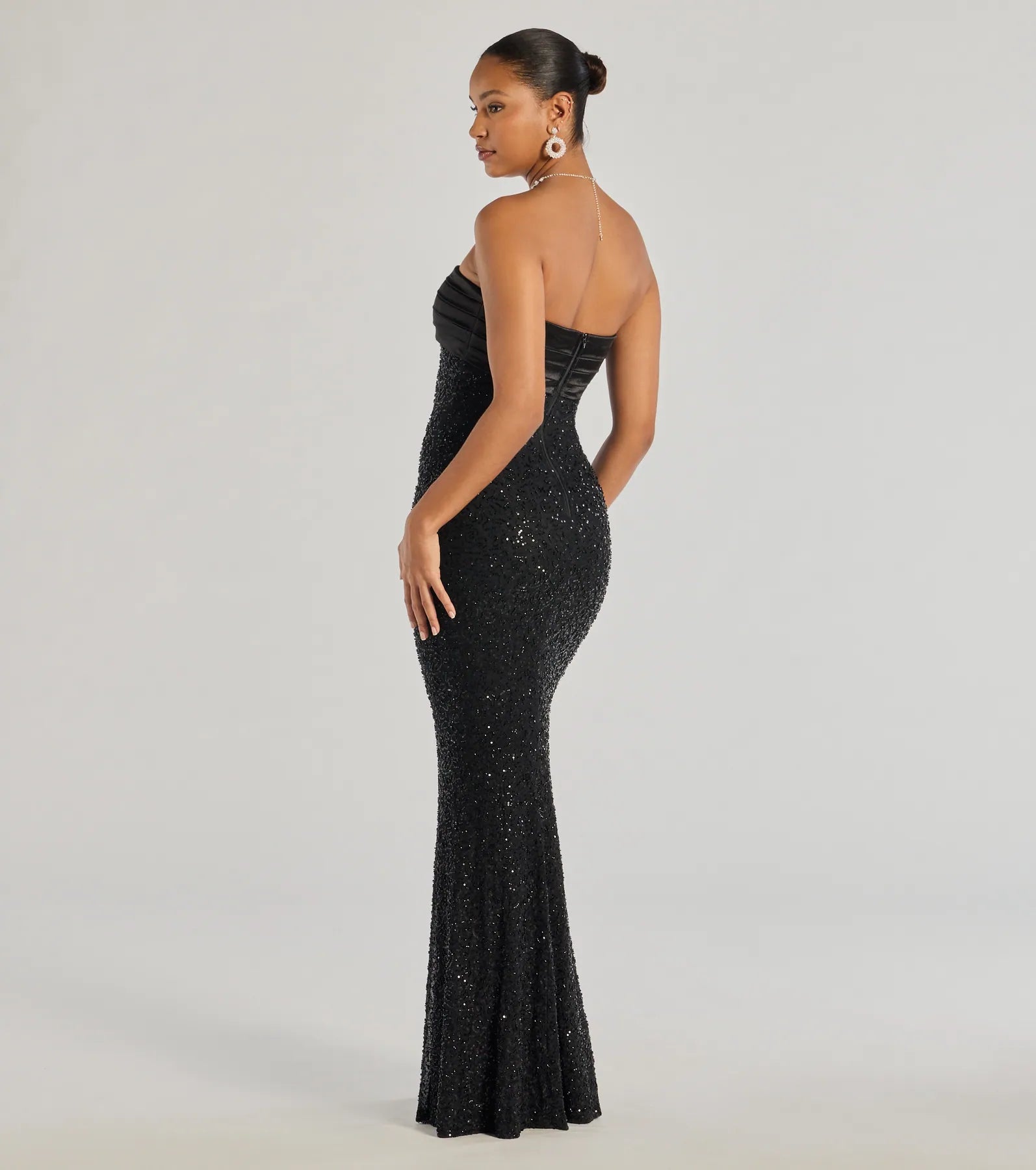 Stacey Strapless Satin Sequin Mermaid Formal Dress