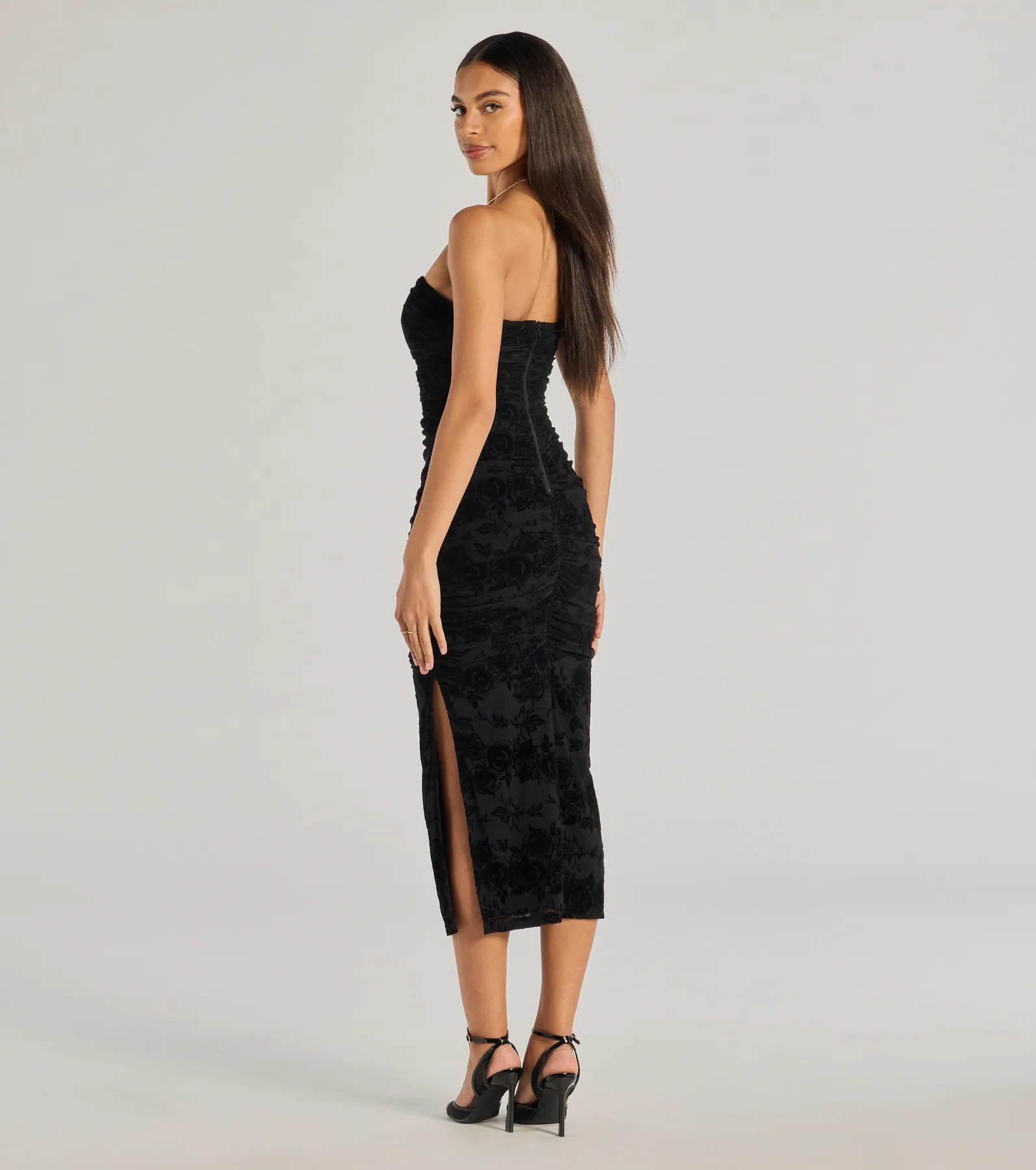 Destiny Strapless Velvet Mesh Midi Dress