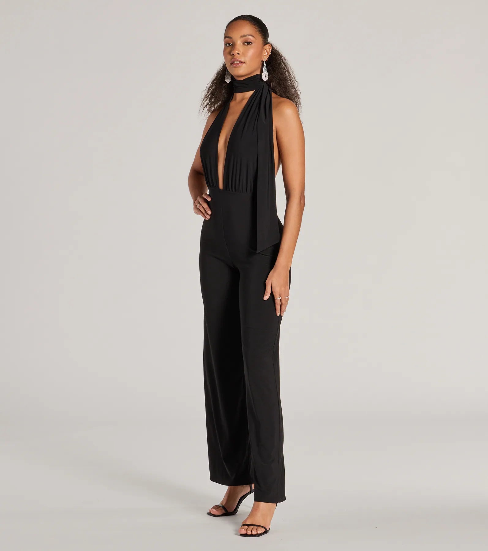 Chic Position Plunge Scarf Straight-Leg Jumpsuit