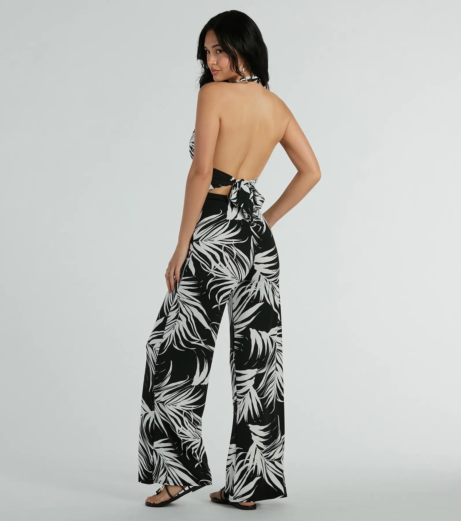 Majorly Tropical Plunge Halter Wide-Leg Jumpsuit