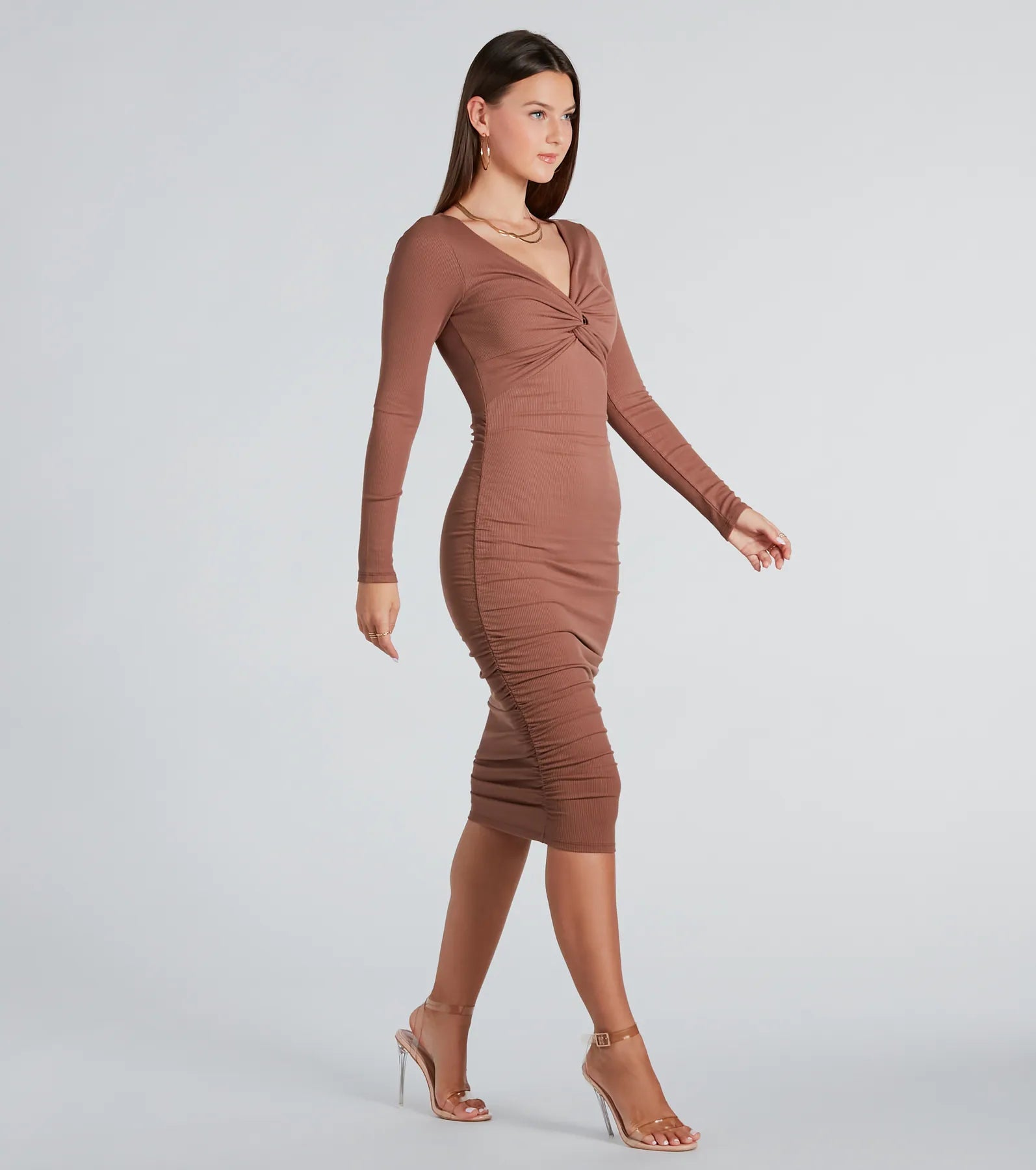 Twisted Up Long Sleeve Rib Knit Midi Dress