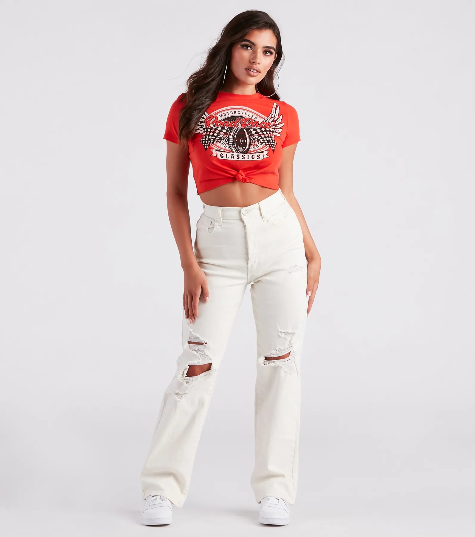 Moto Babe Graphic Knot Tie Crop Tee