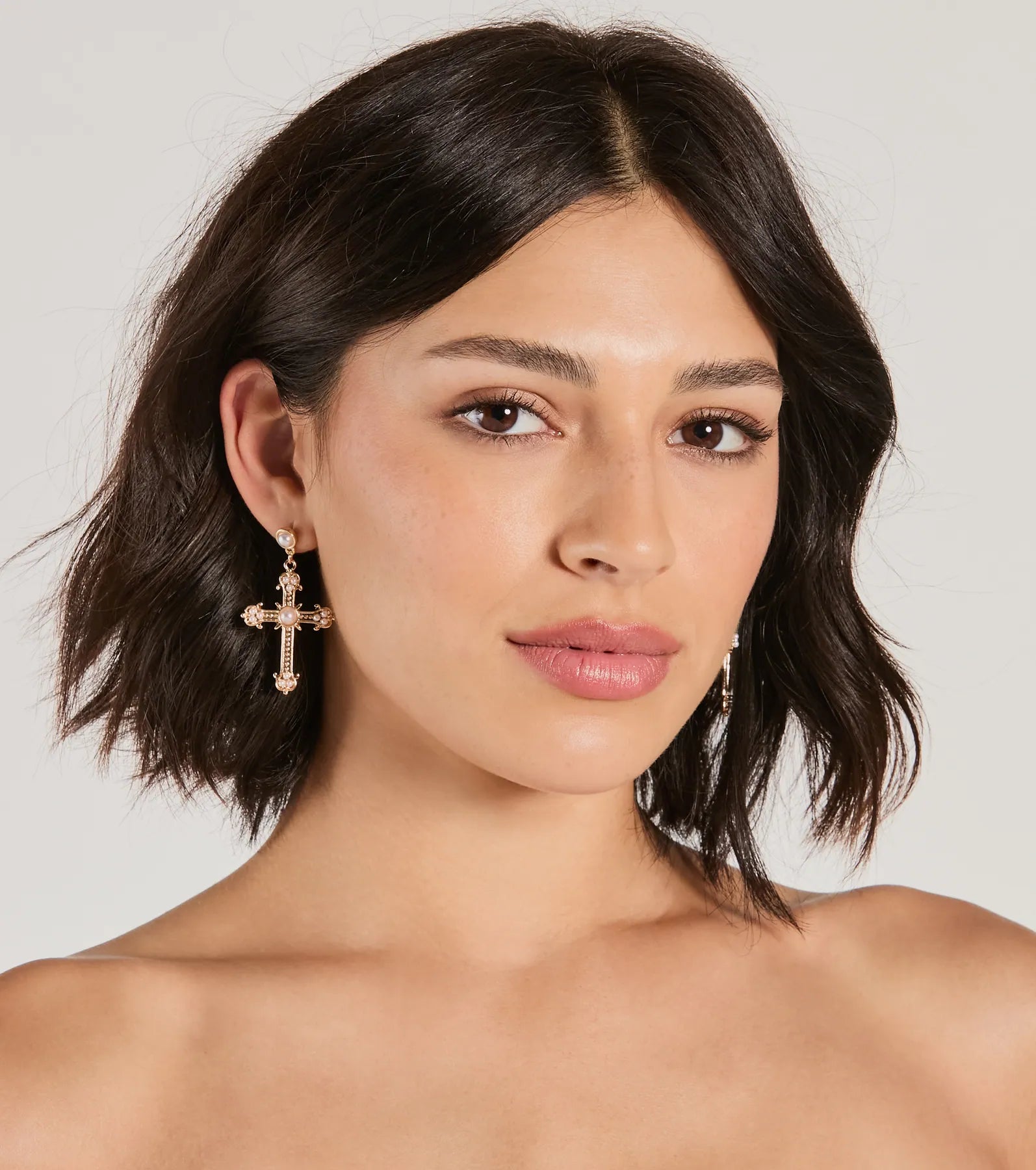 Blessed All Day Faux Pearl Cross Earrings