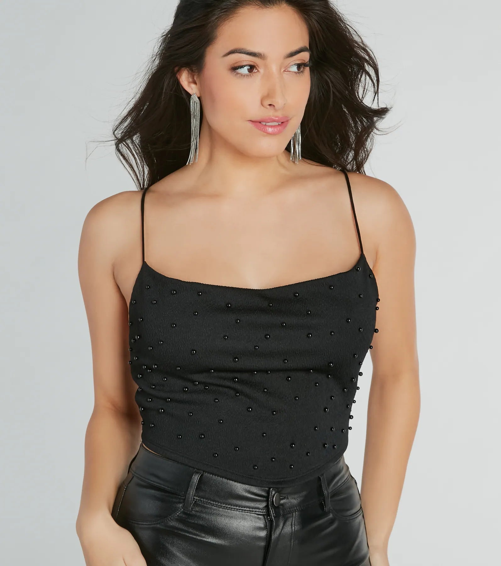 Deluxe Posh Strappy Back Faux Pearl Crop Top