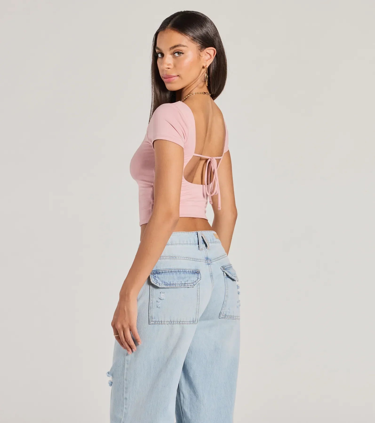 The View And You Short Sleeve Tie Back Crop Top