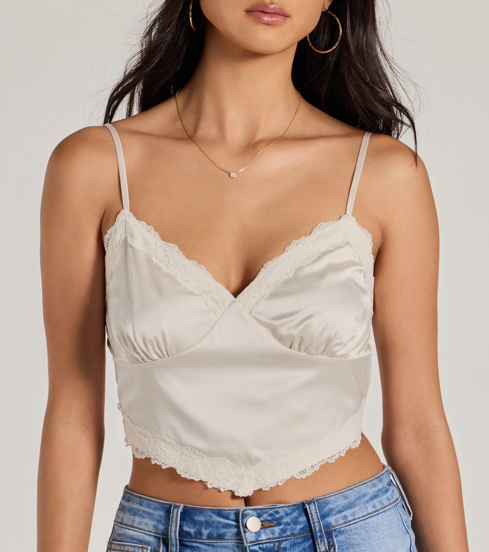 Romance In The Air Lace Trim Satin Cami Crop Top