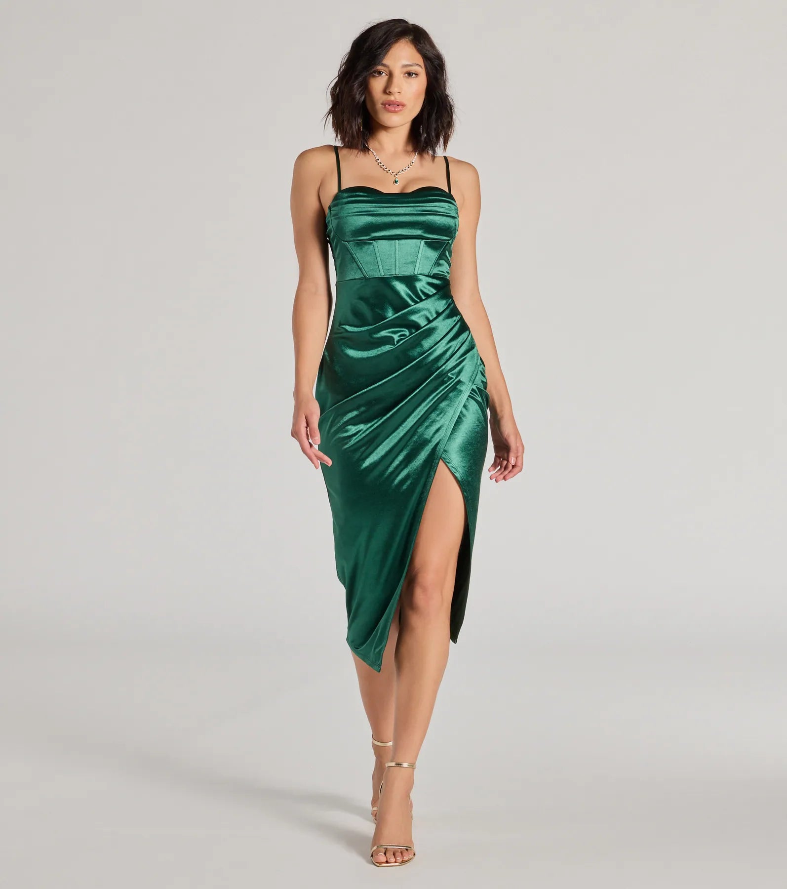 Myla Corset Satin Asymmetrical Midi Dress