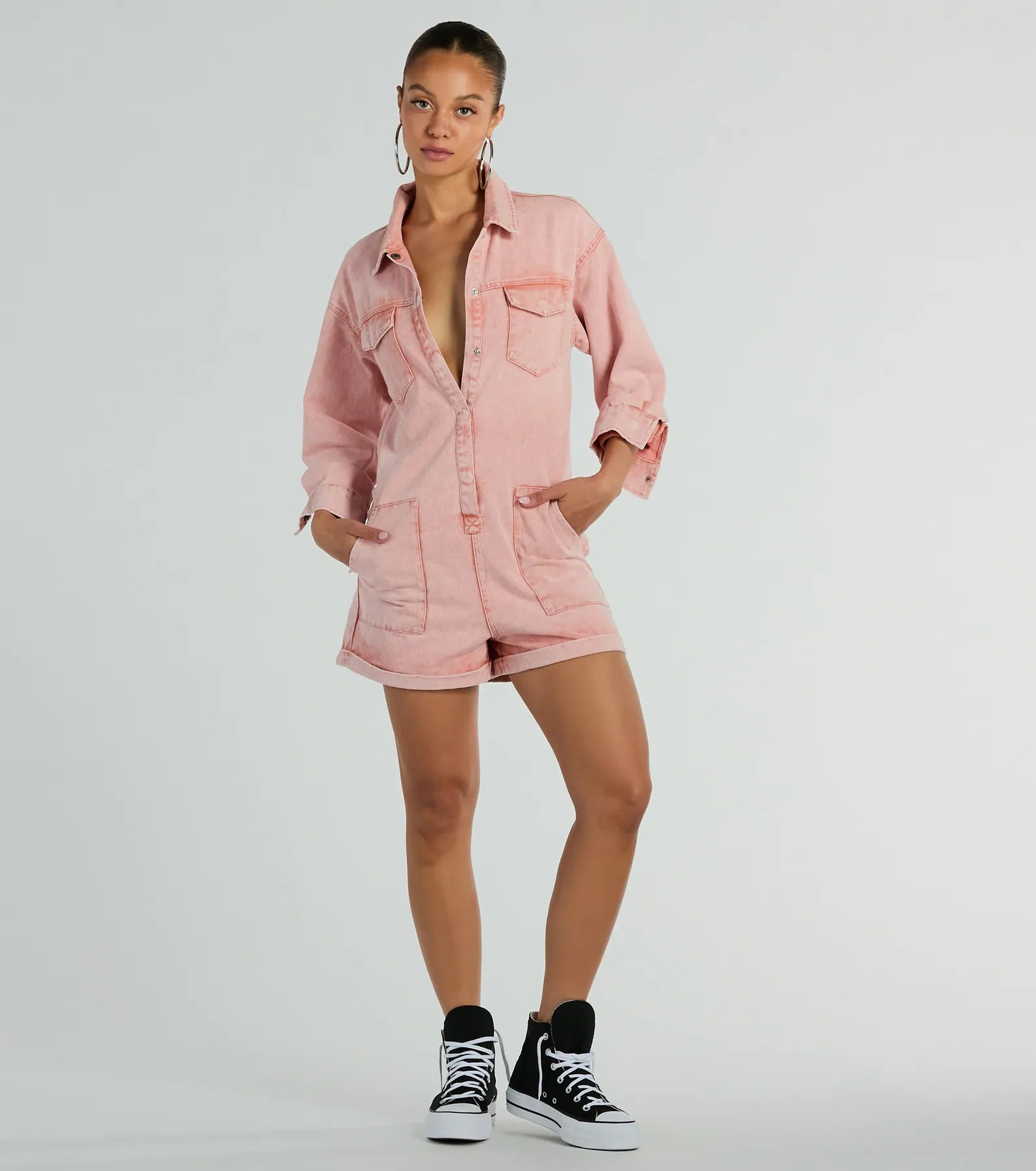 Road Trippin' Long Sleeve Cuffed Acid Denim Romper