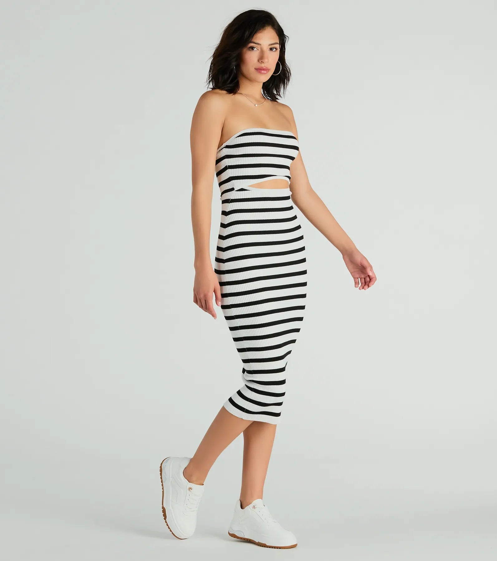 Babe In Stripes Strapless Cutout Ribbed Knit Midi Dress