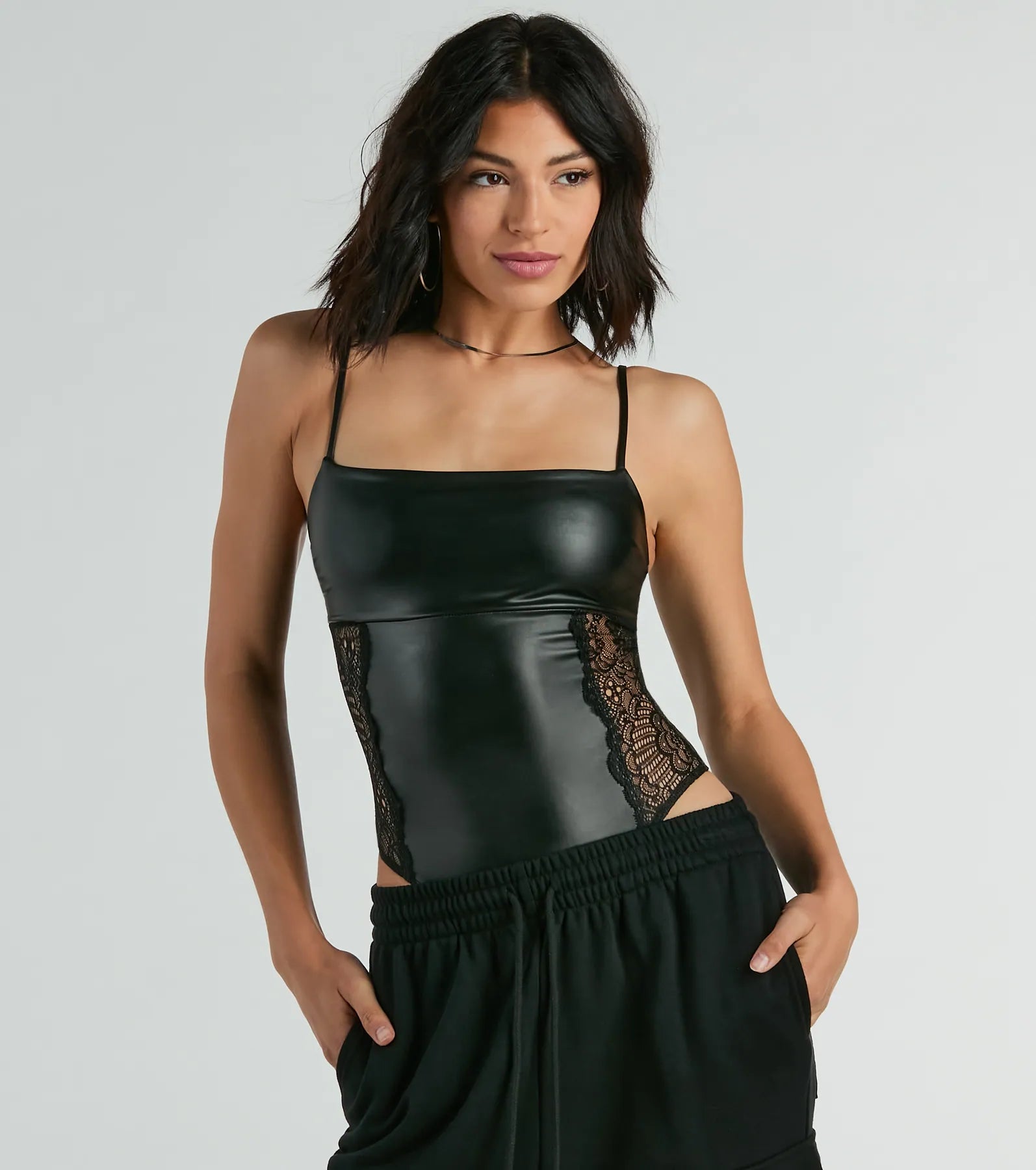 Daring Encounter Lace Faux Leather Bodysuit