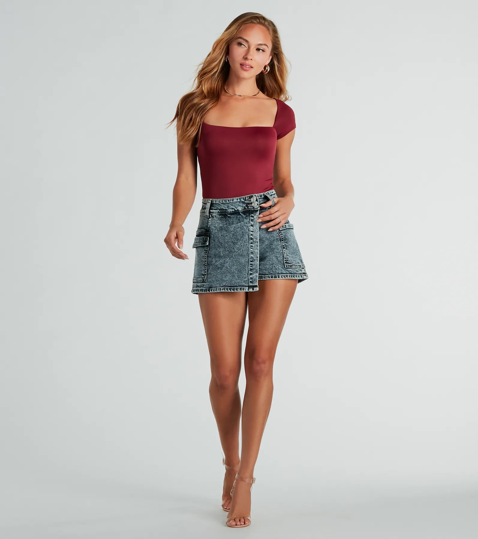 Trendy Impression Acid-Wash Denim Wrap Skort