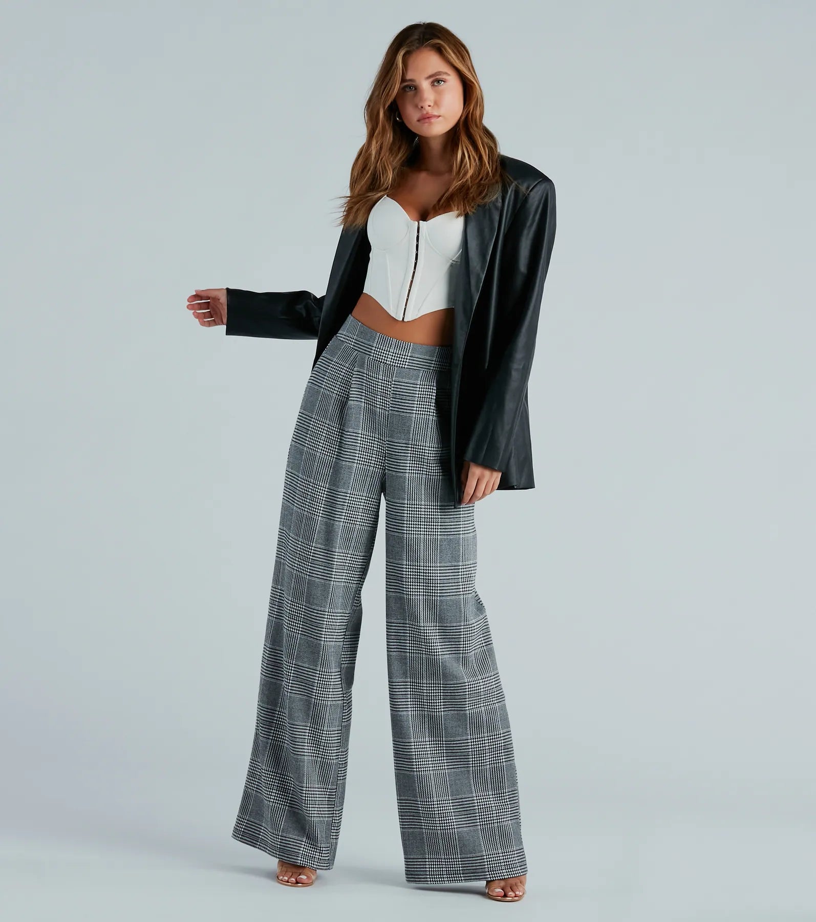 Power Hour Plaid Wide-Leg Trouser Pants