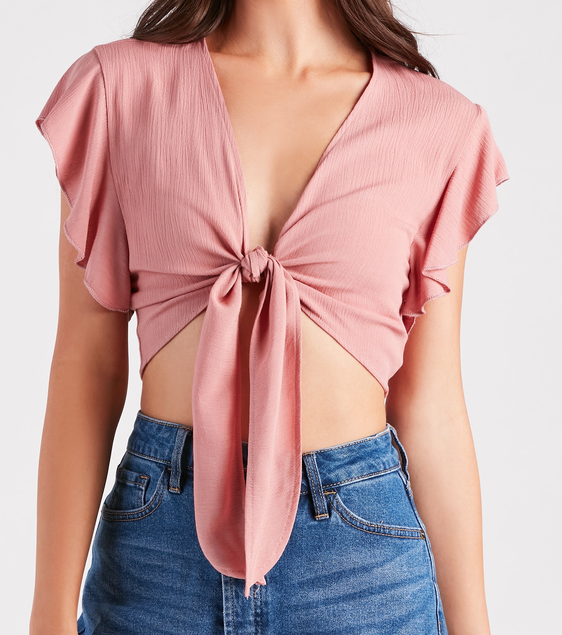 Feeling Fluttered Tie-Front Crop Top