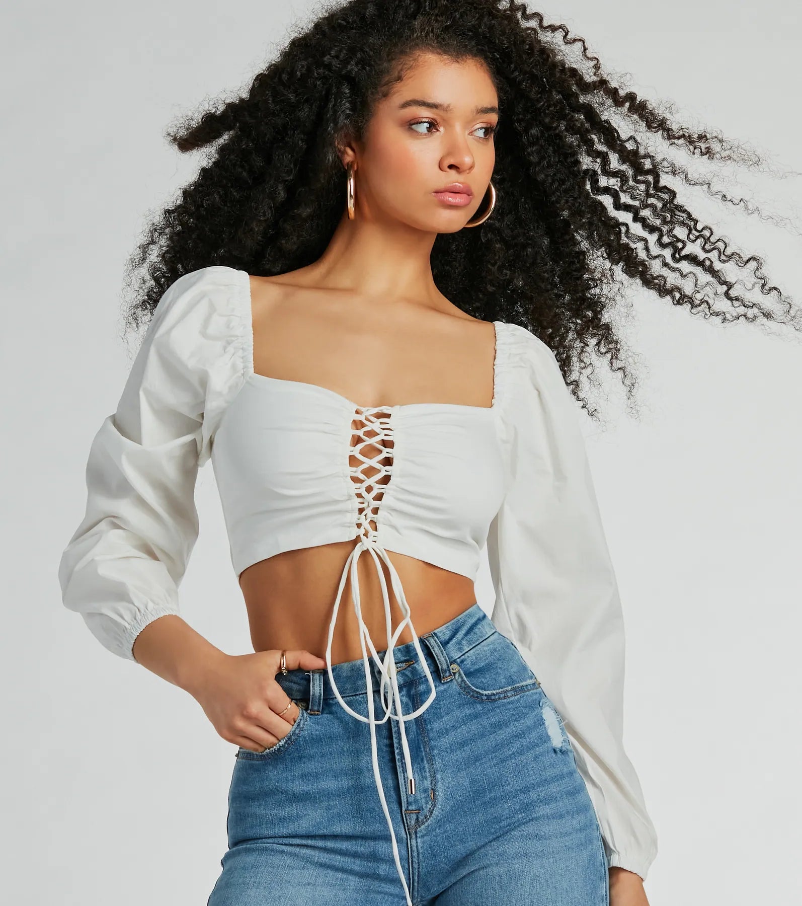 Laced-Up Babe Long Sleeve Crop Blouse