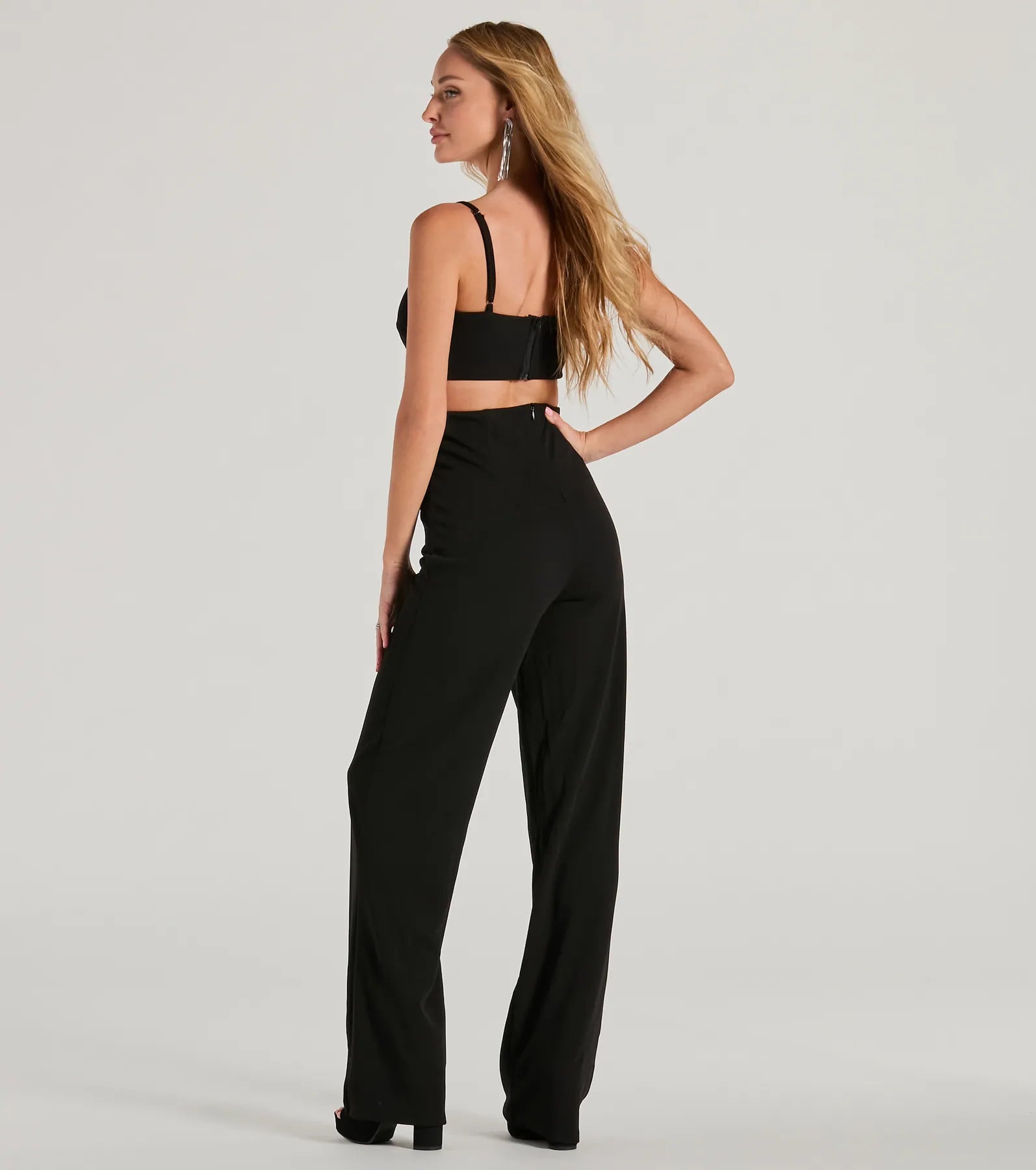 Chic Position Cutout Mesh Crepe Wide-Leg Jumpsuit