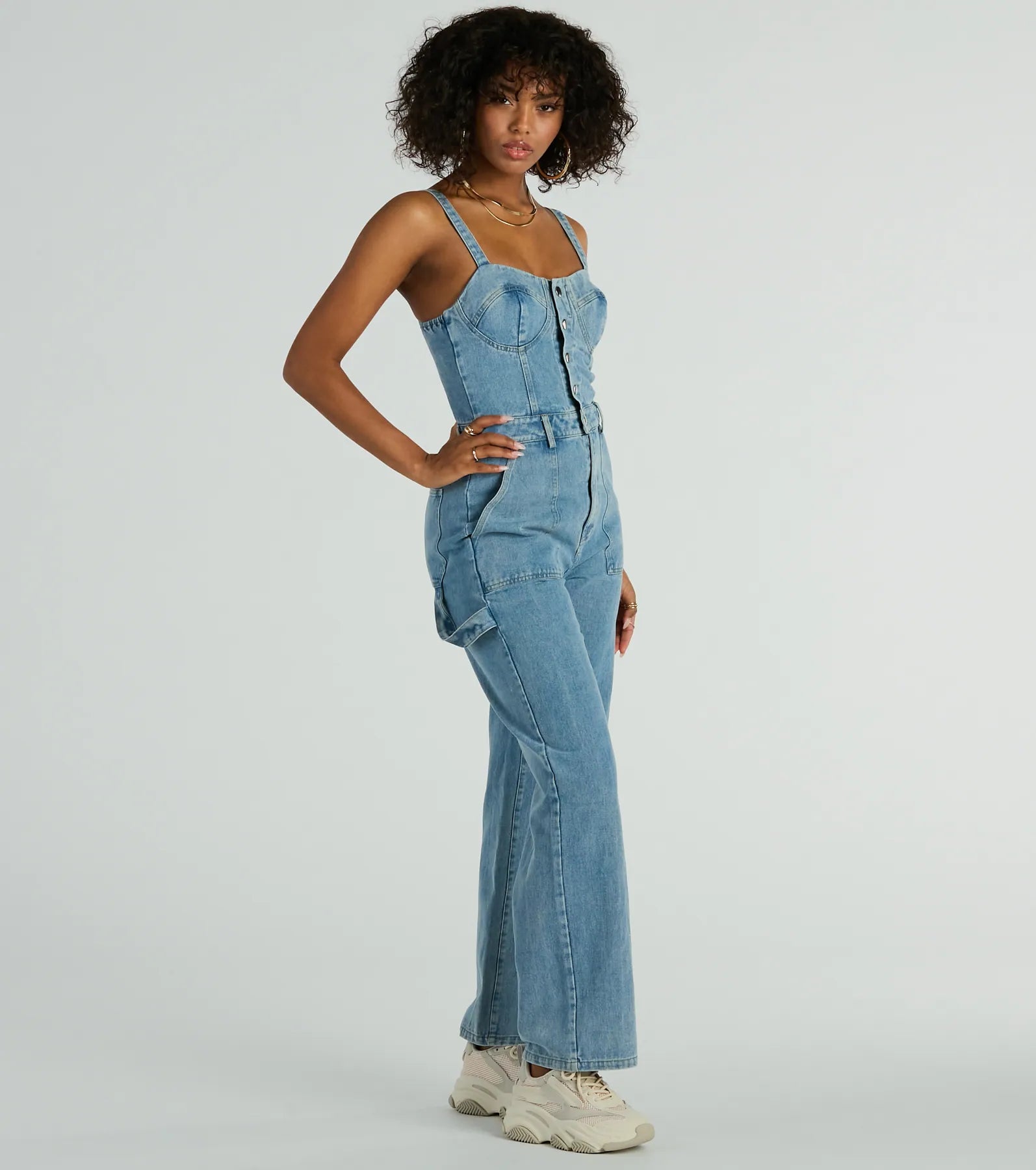 Trendy Perfection Button Up Wide Leg Denim Jumpsuit