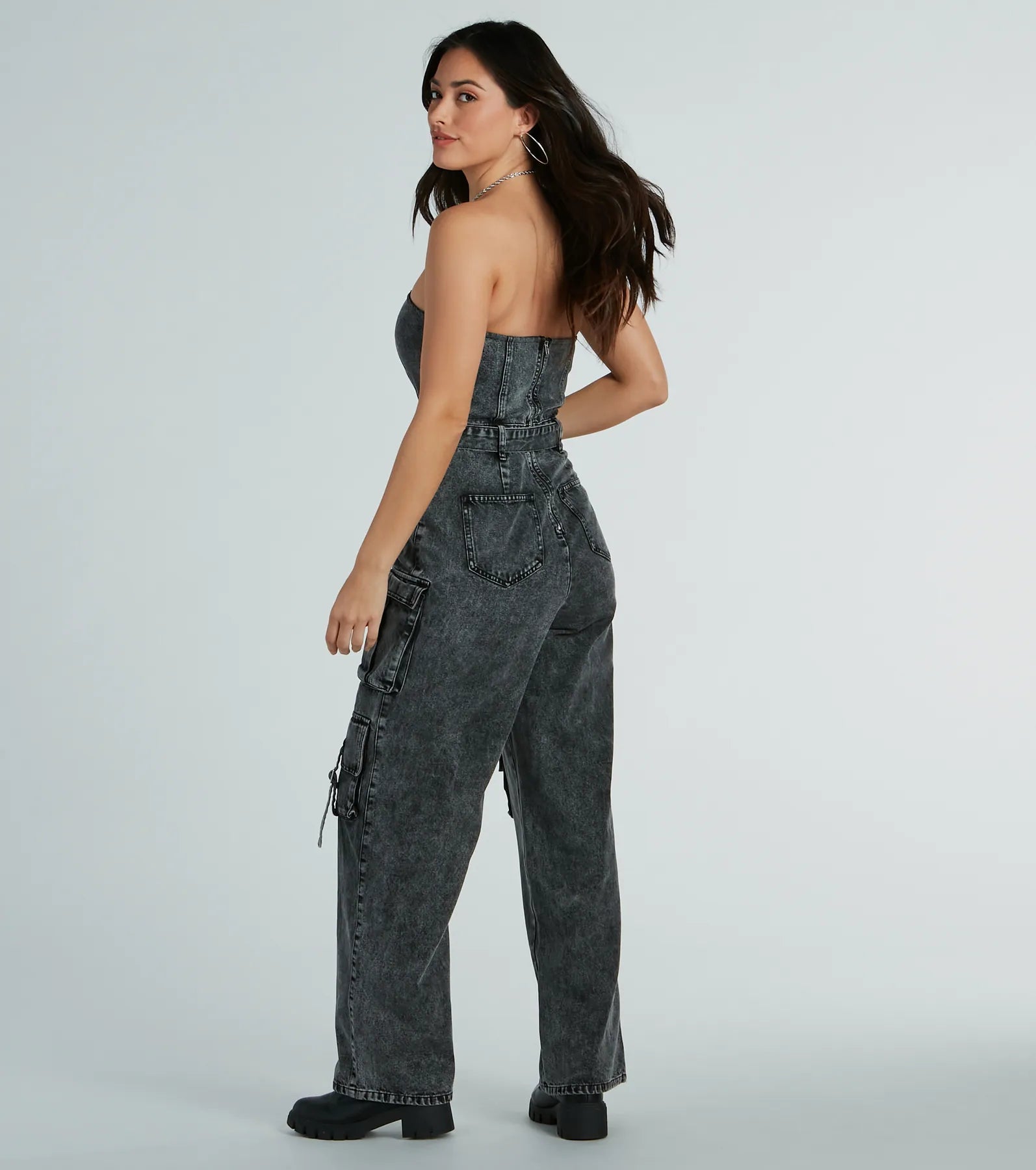 Pit Stop Strapless Cargo Acid Wide-Leg Denim Jumpsuit