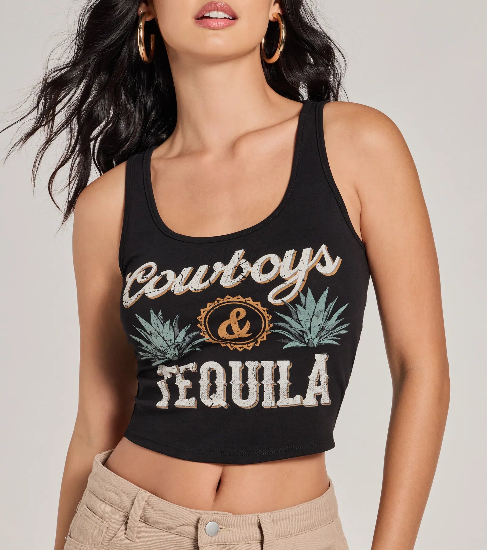 Cowboys And Tequila Sleeveless Graphic Crop Top