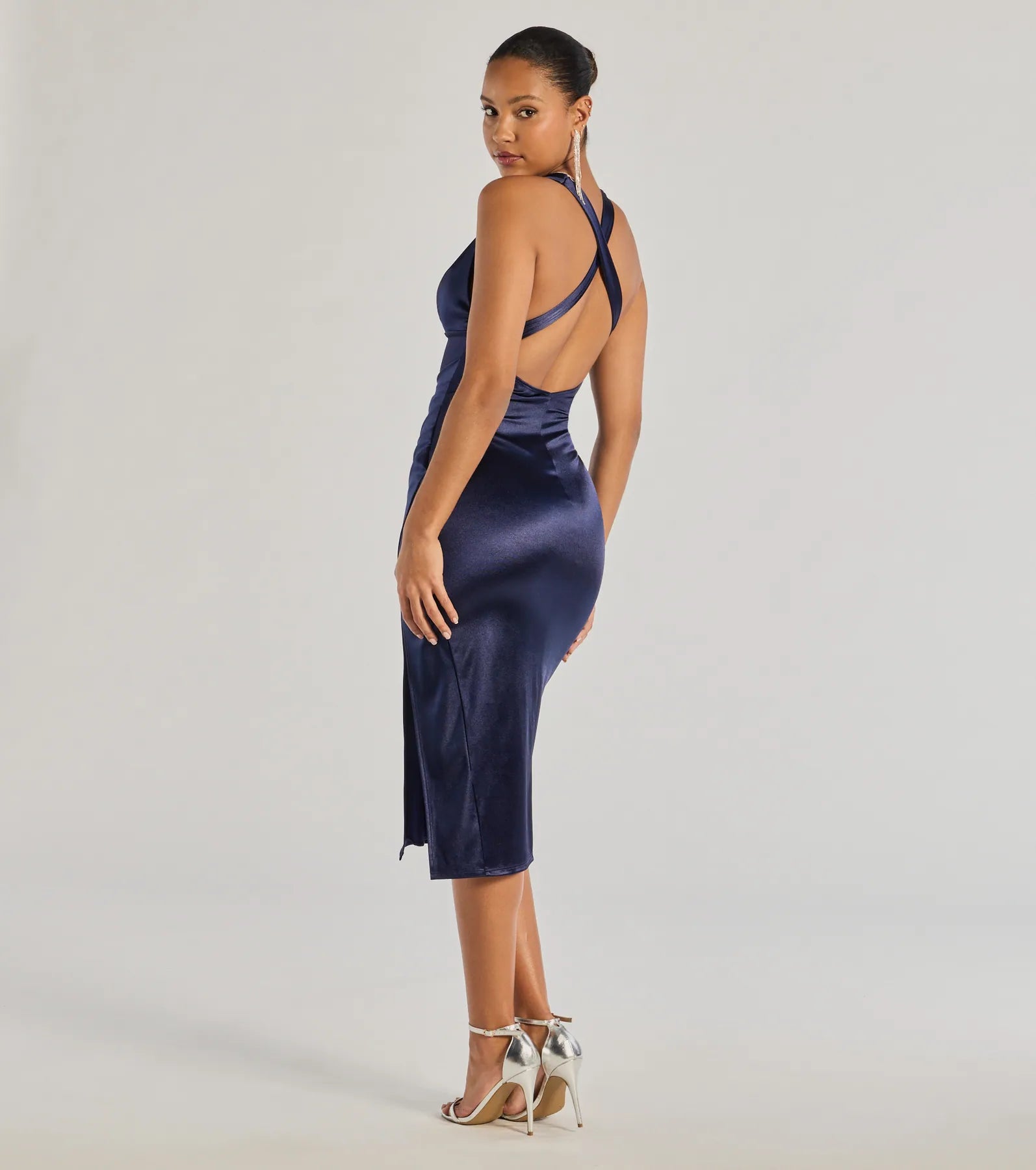 Abigail V-Neck Strappy Satin Midi Dress