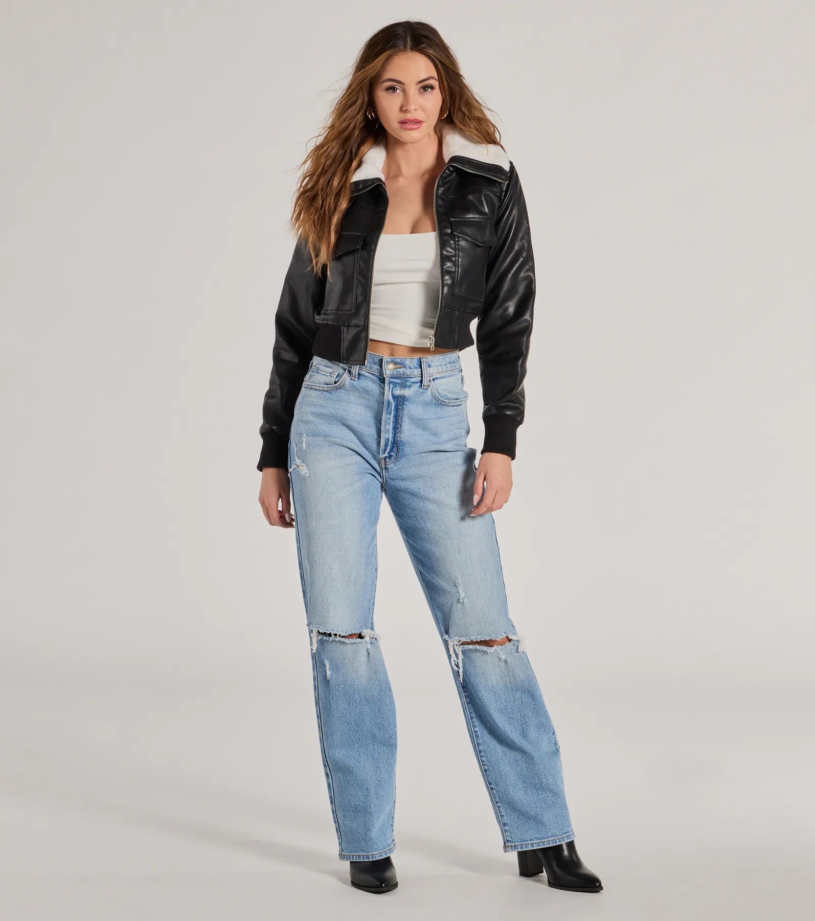 Chic Sherpa Collared Faux Leather Bomber Jacket