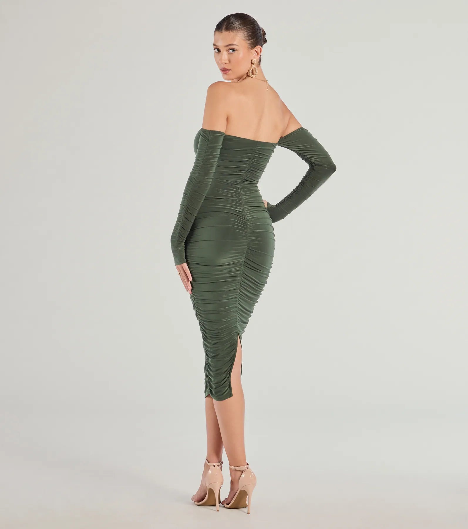 Sleek Appeal Off-The-Shoulder Long Sleeve Midi Dress