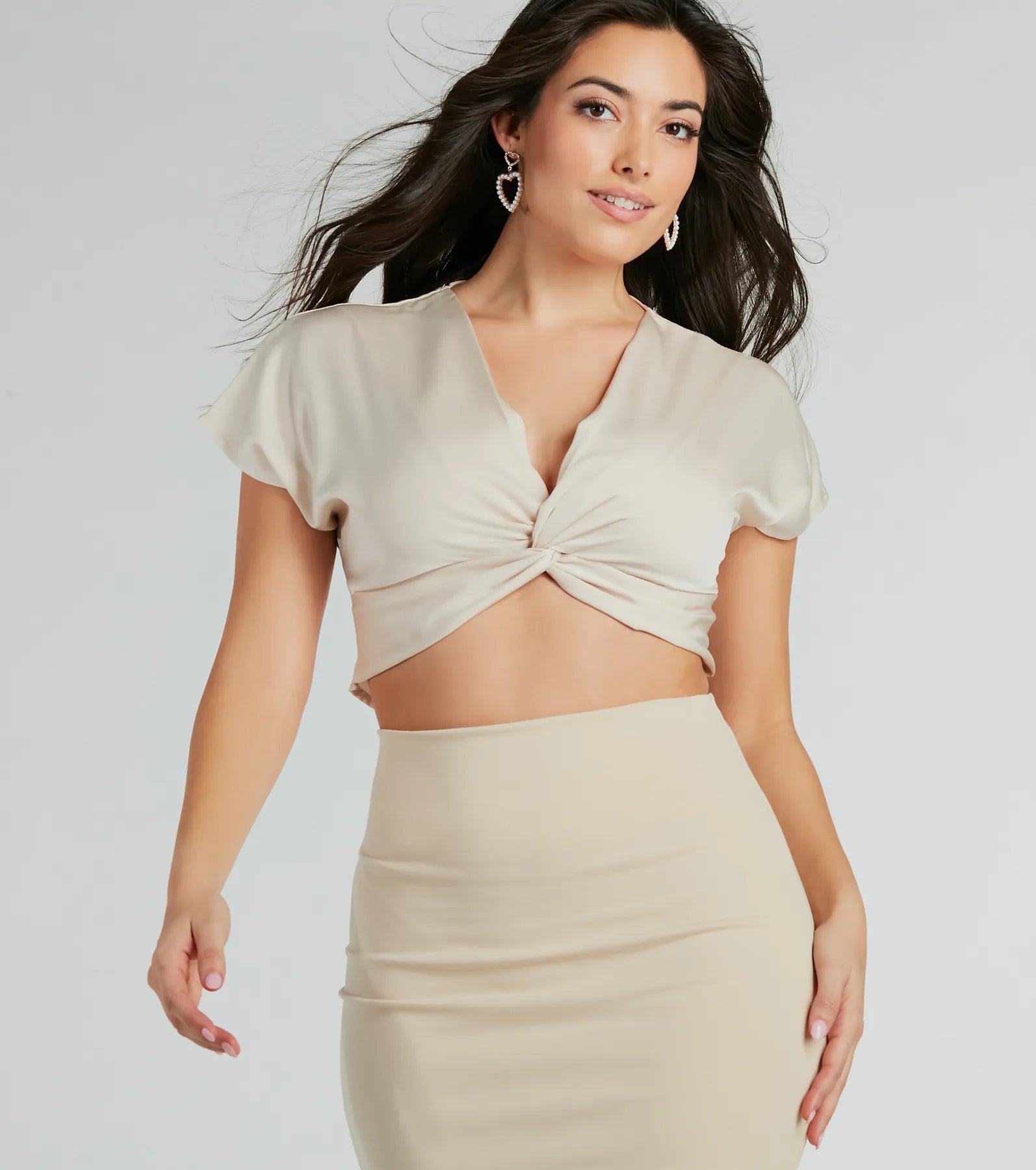 So Sweet Short Sleeve Twist-Front Satin Crop Top