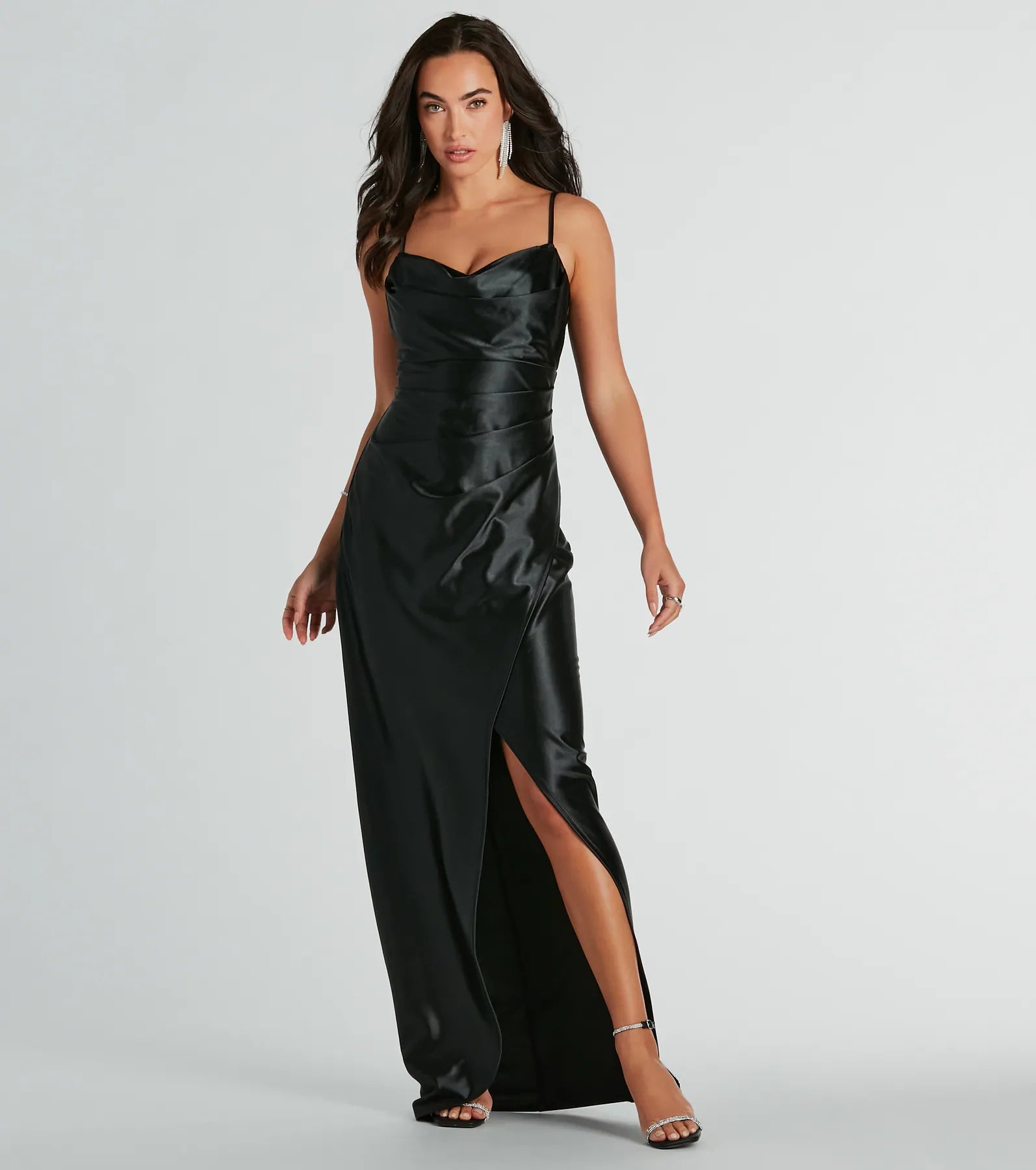 Stephanie Cowl Neck Wrap Satin Formal Dress