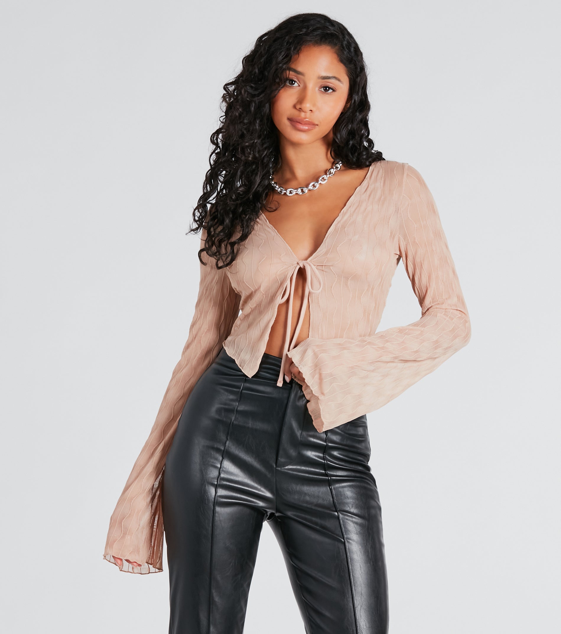 Texture Babe Bell Sleeve Tie-Front Crop Top