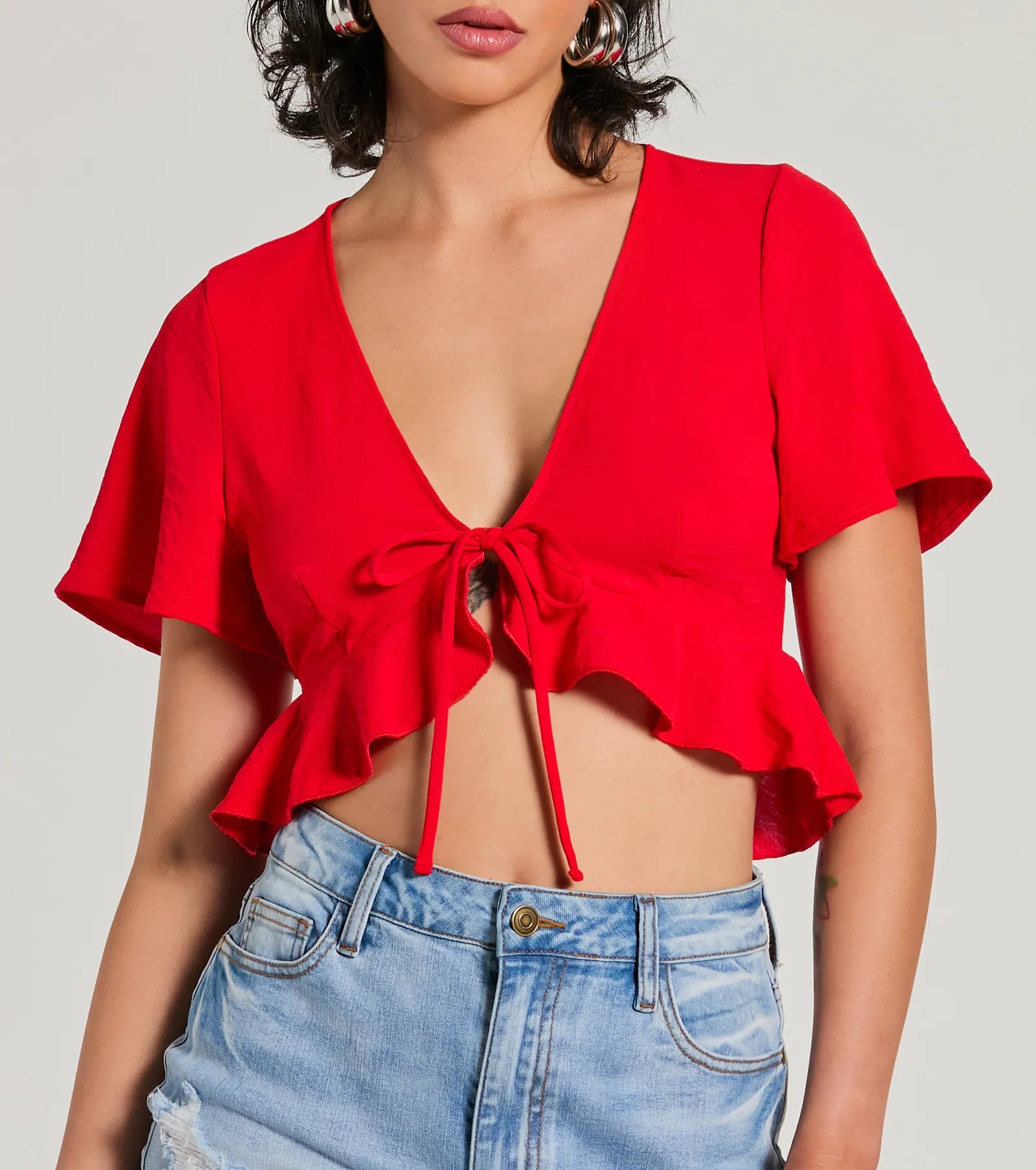 Sweeten Me Up Flutter Sleeve Tie Front Crop Top