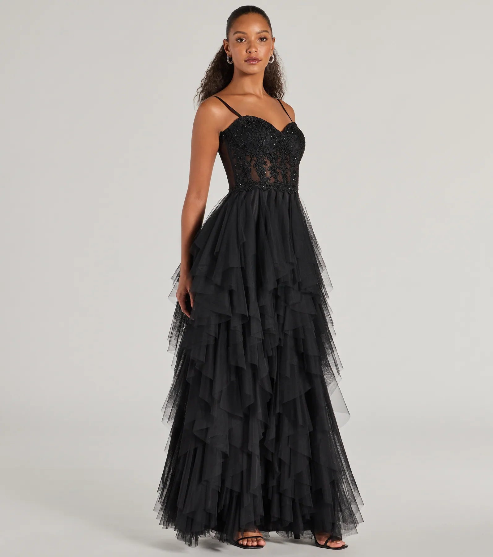 Keyla Floral Applique Tiered Ruffle Tulle Gown