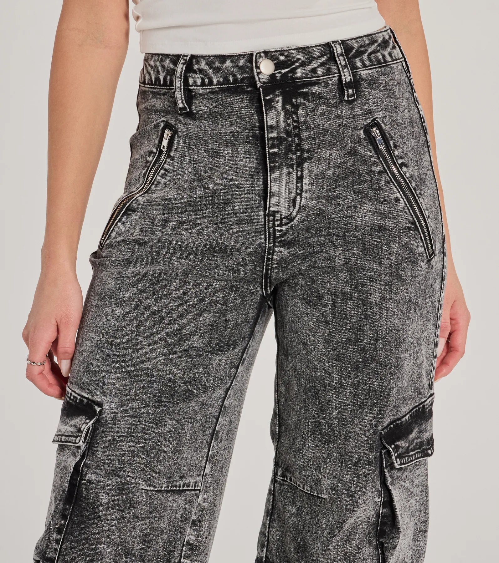 On-Trend High-Rise Cargo Acid Wash Jeans