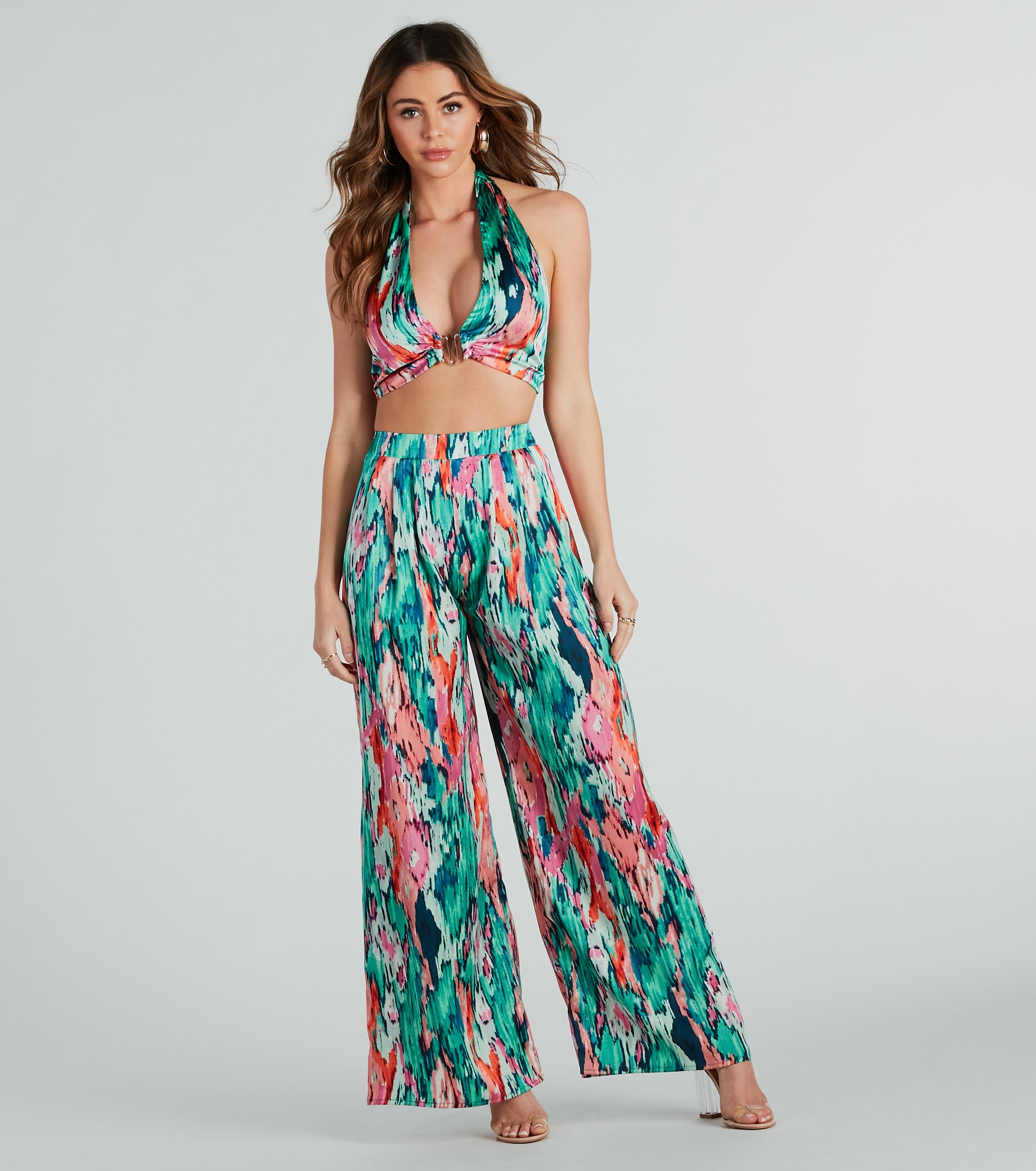 Color Me Pretty Satin Abstract Wide-Leg Pants