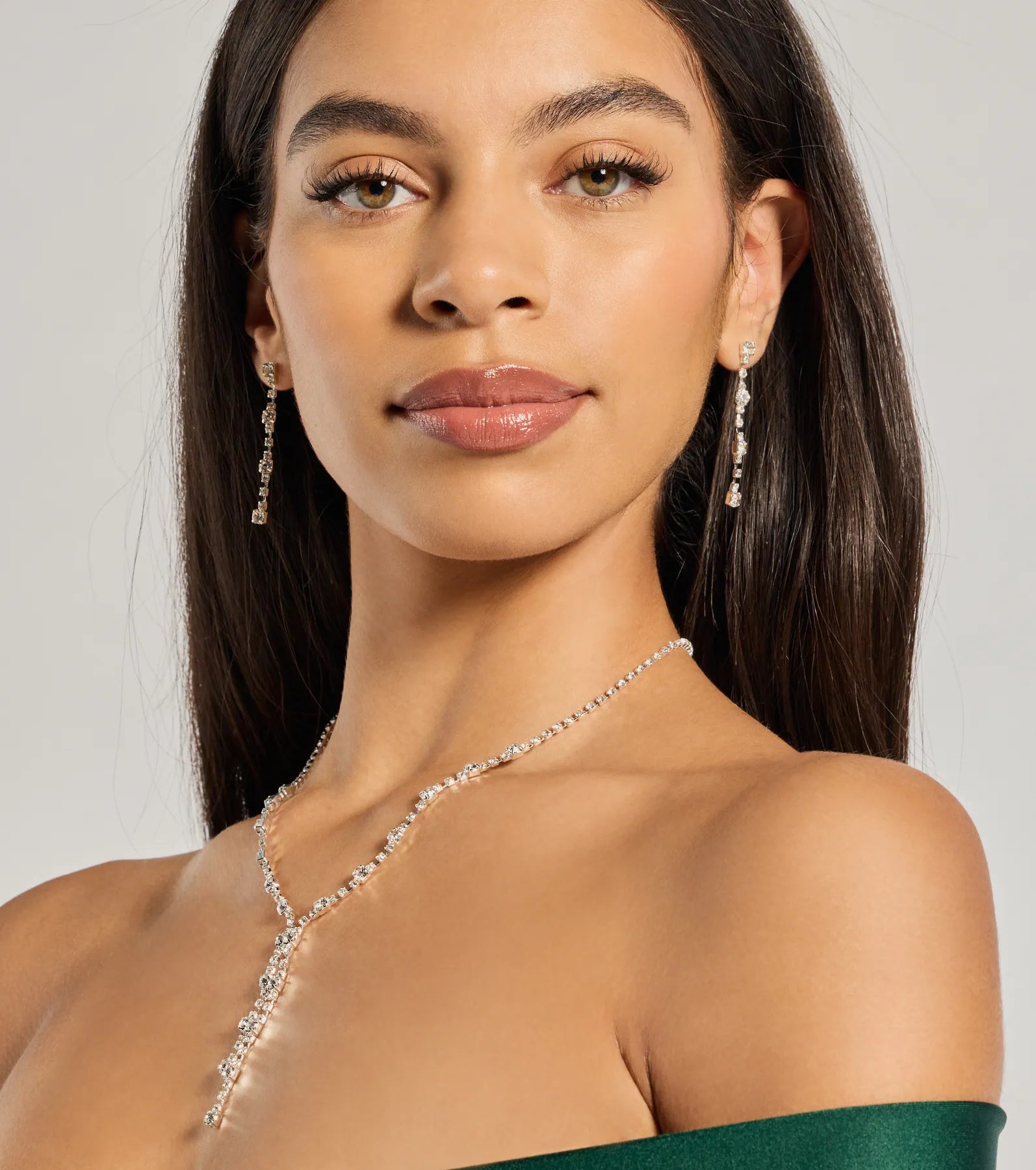 Glam Shine Rhinestone Lariat Necklace Set