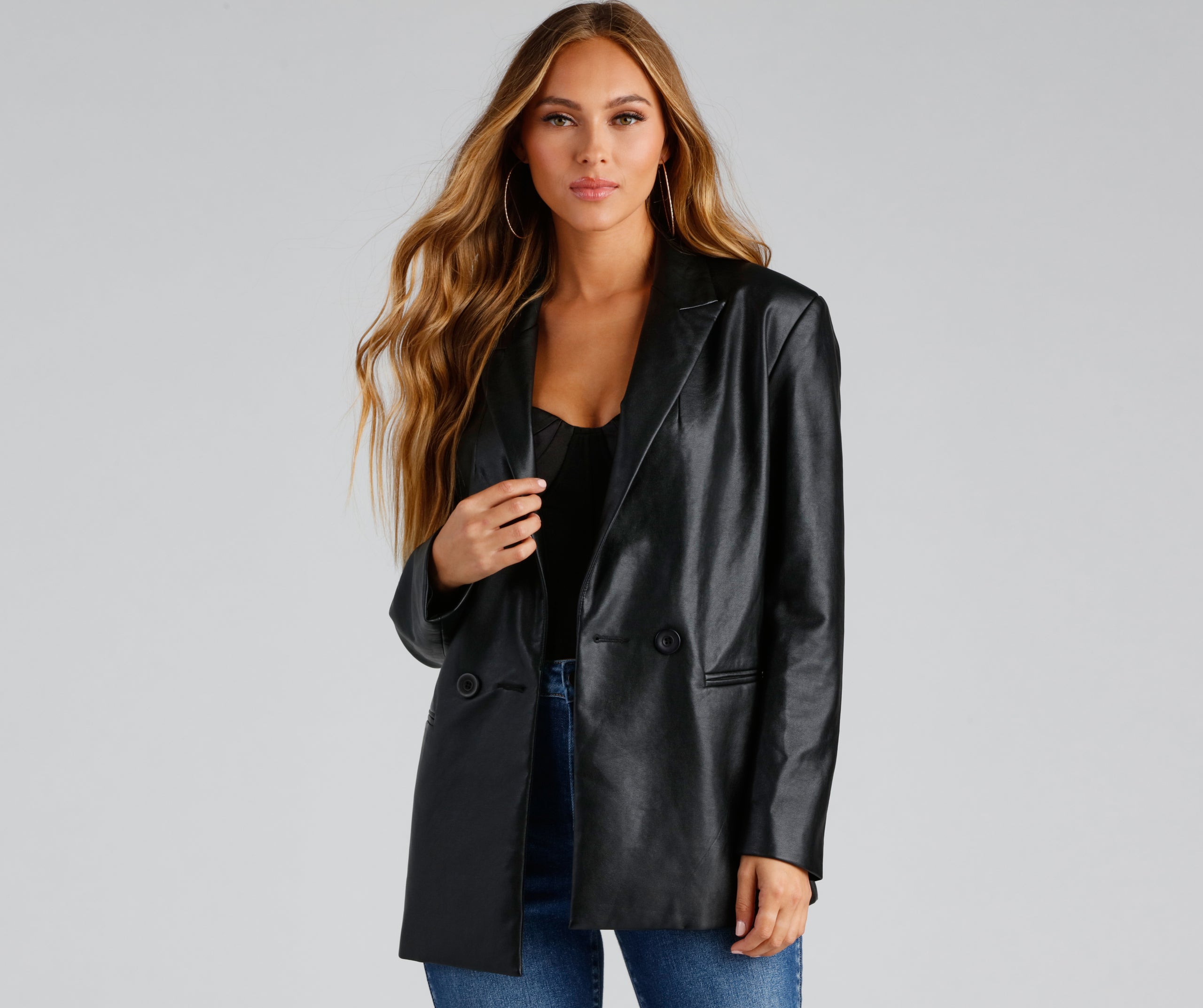 Trendy Oversized Faux Leather Blazer