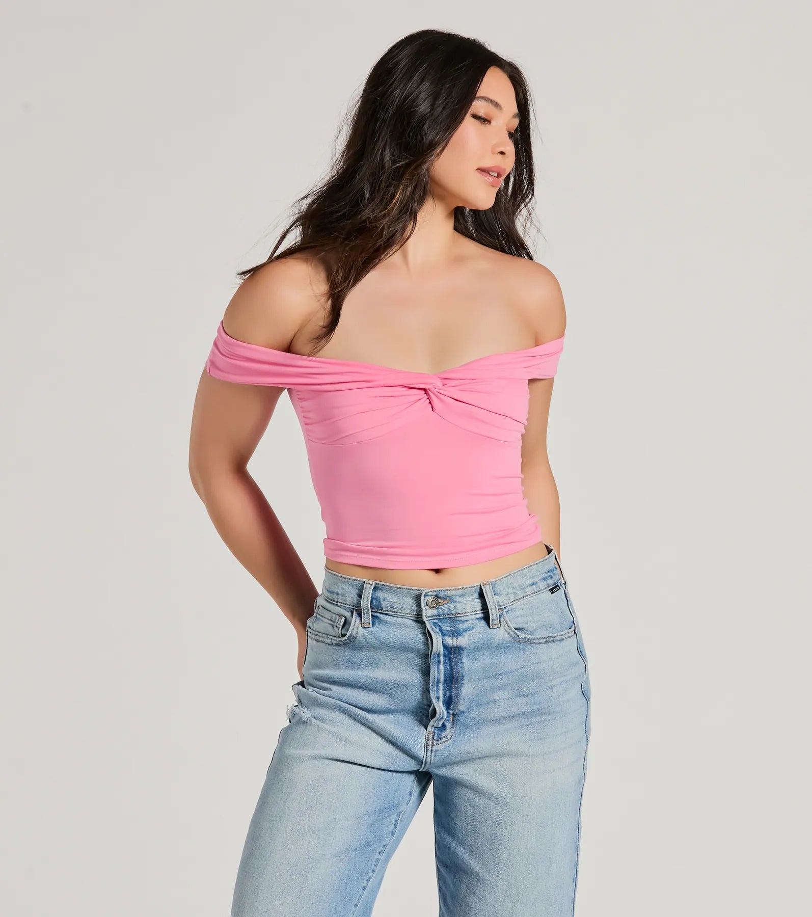 Trendy Twist-Front Off-The-Shoulder Crop Top