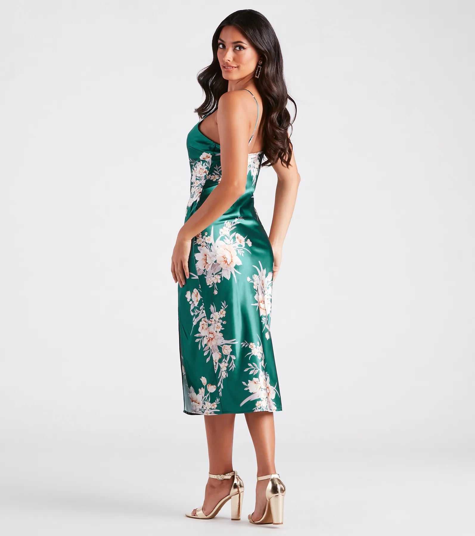 Gorgeous And Chic Floral Satin Midi Dress