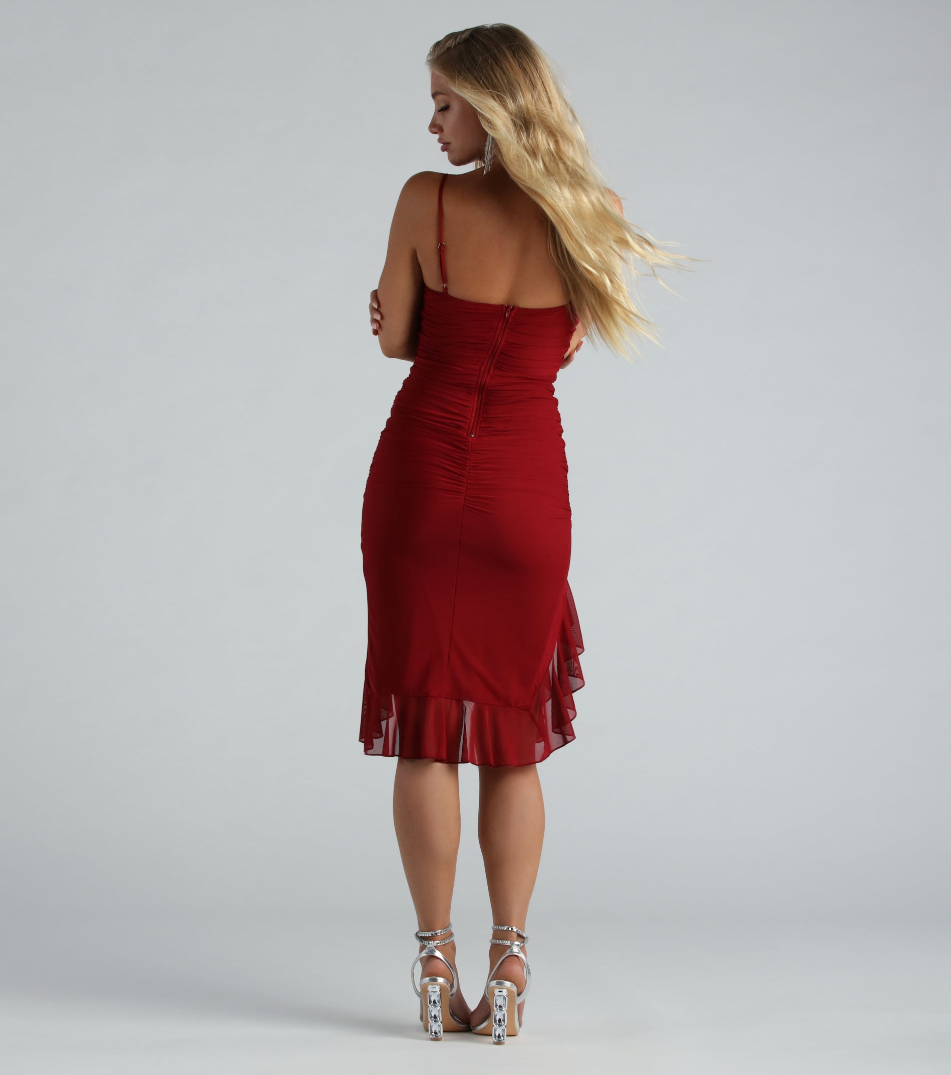 Not Here To Mesh Ruched Ruffle Midi Dress