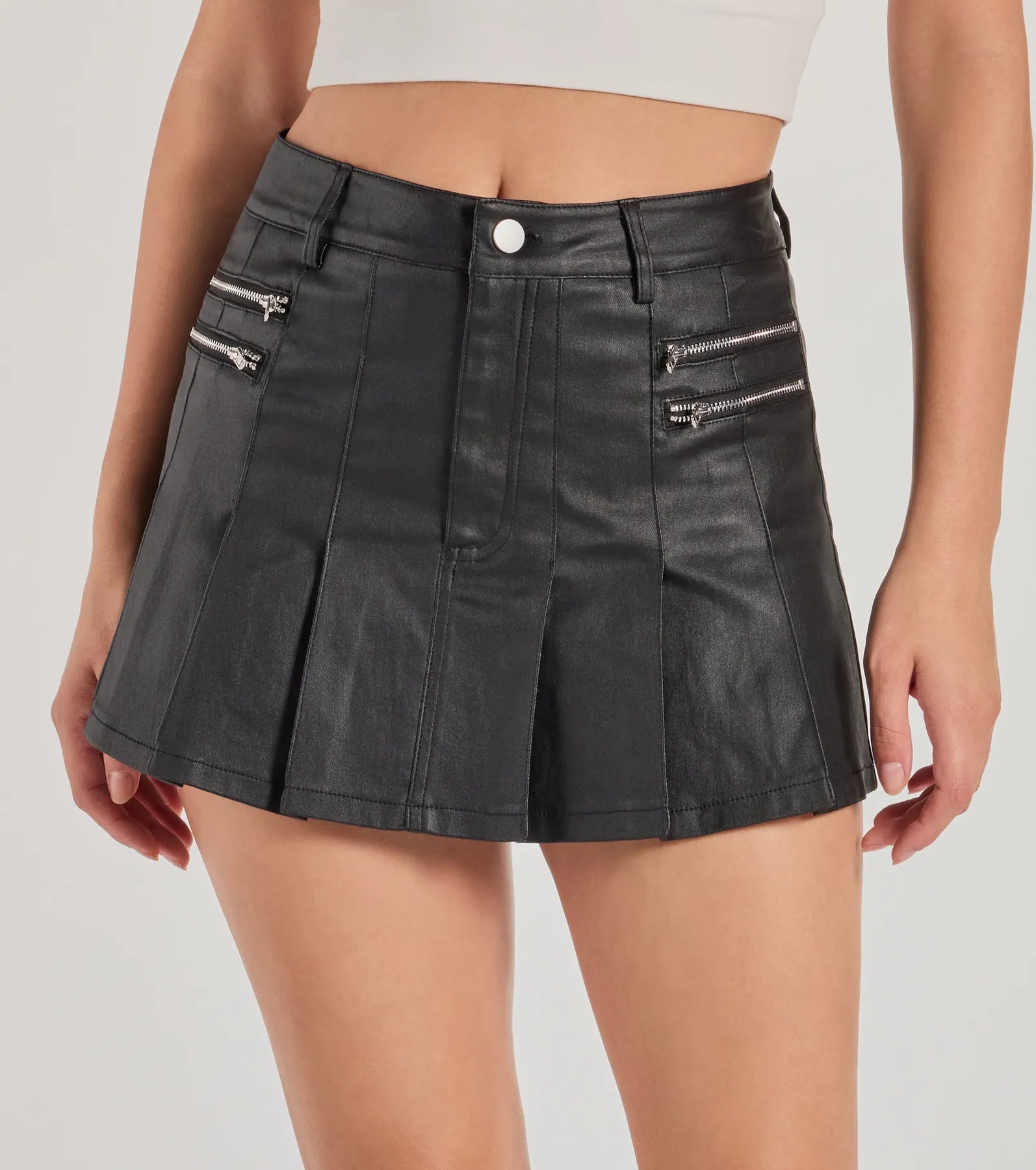 Adorably Sleek Faux Leather Pleated Mini Skort