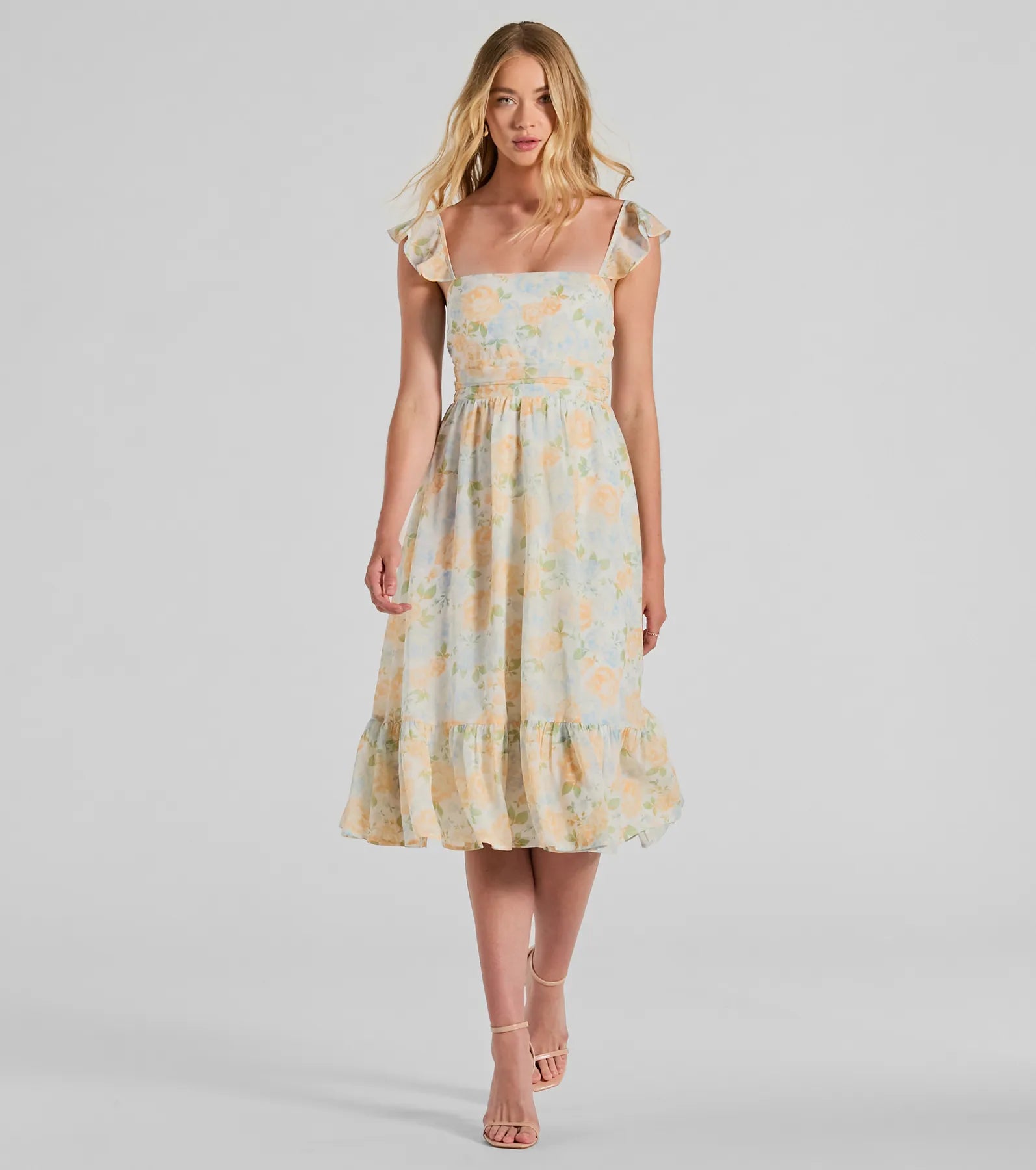 Delightfully Chic Ruffled Floral Chiffon Midi Dress