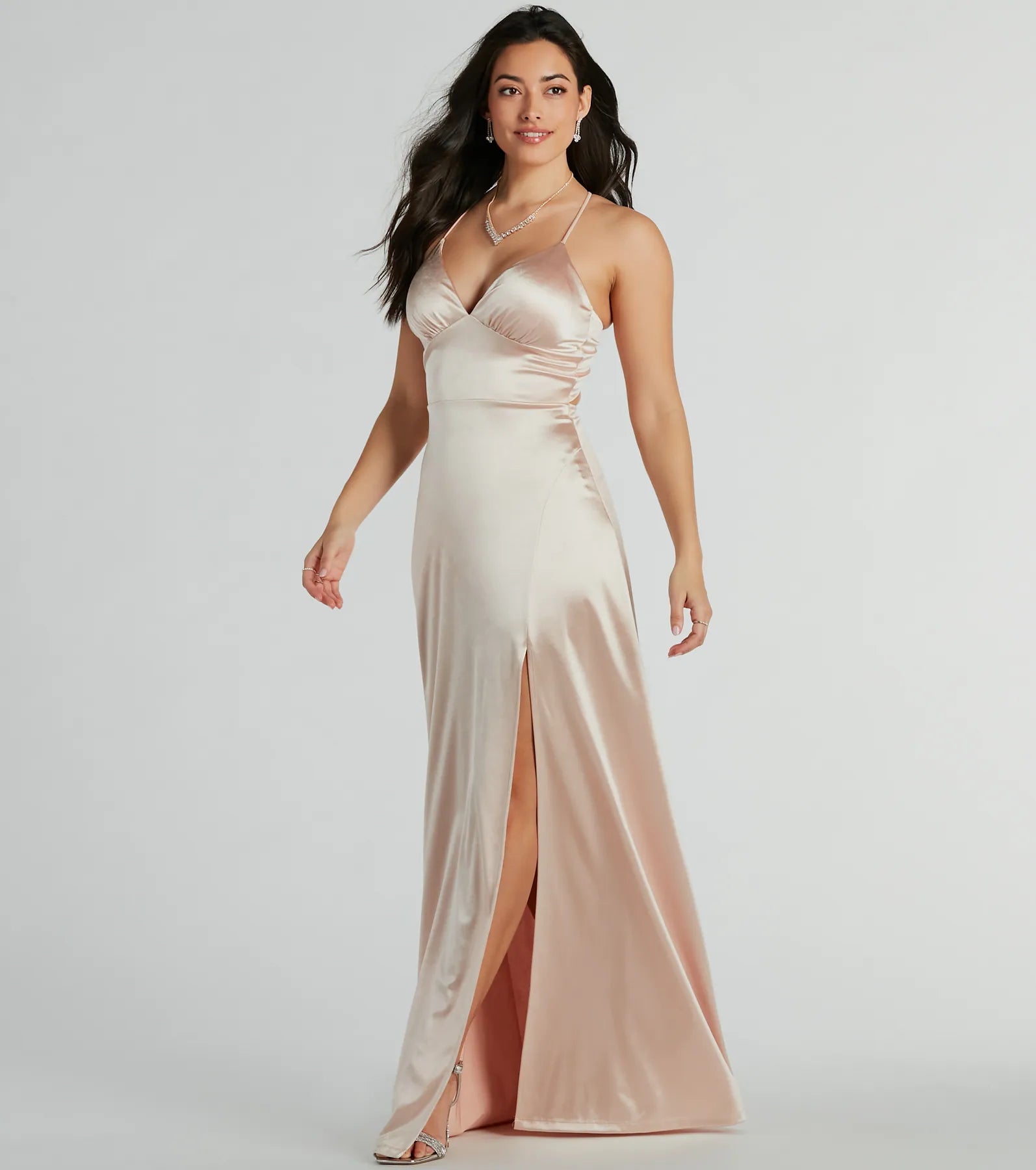 Laurel Lace-Up A-Line Slit Satin Formal Dress