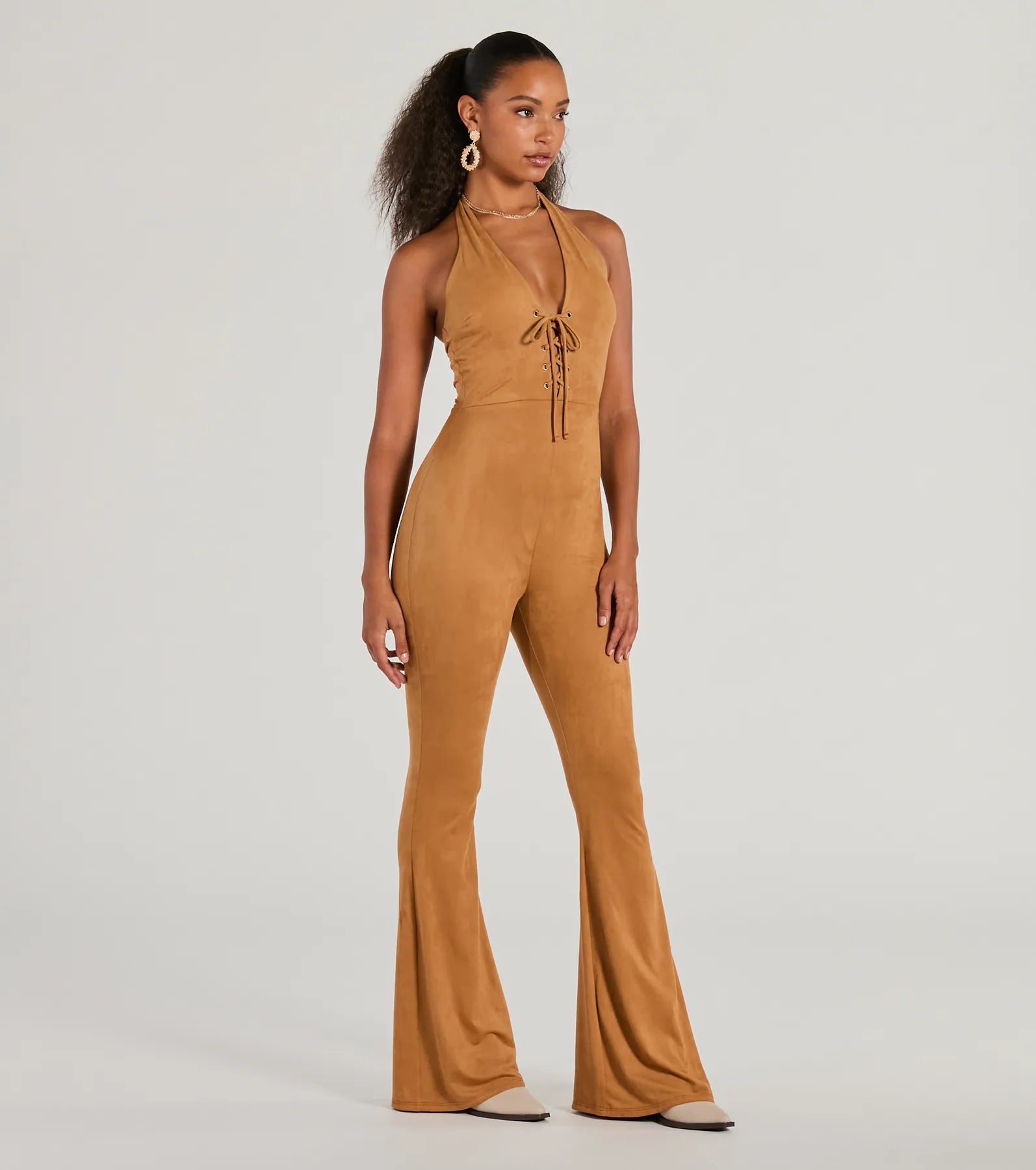 Eyes On Me Lace-Up Flare Faux Suede Jumpsuit