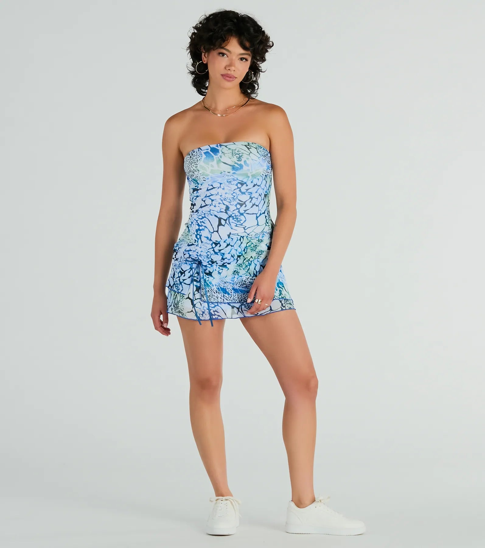 Vibrant Strapless Butterfly Print Mini Dress