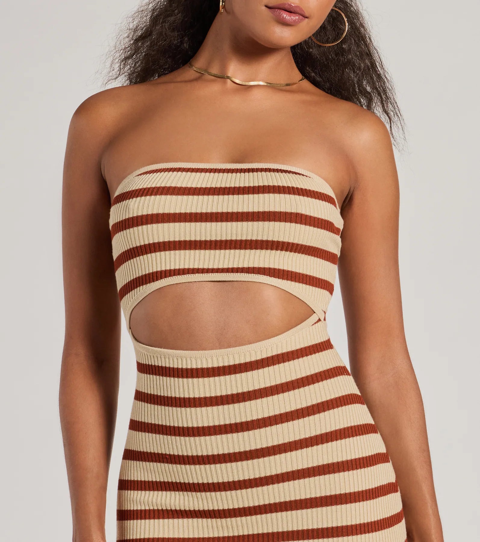 Babe In Stripes Strapless Cutout Ribbed Knit Midi Dress