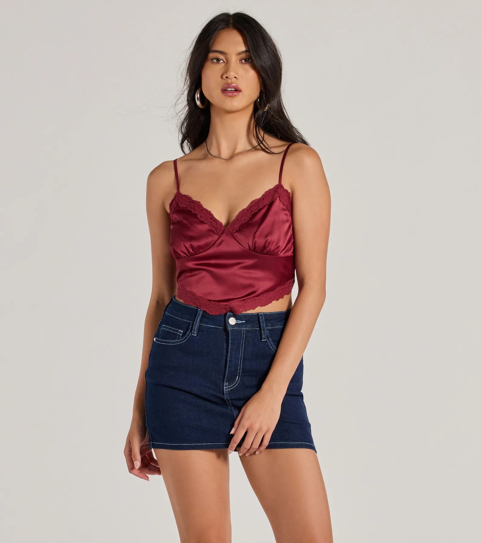 Romance In The Air Lace Trim Satin Cami Crop Top