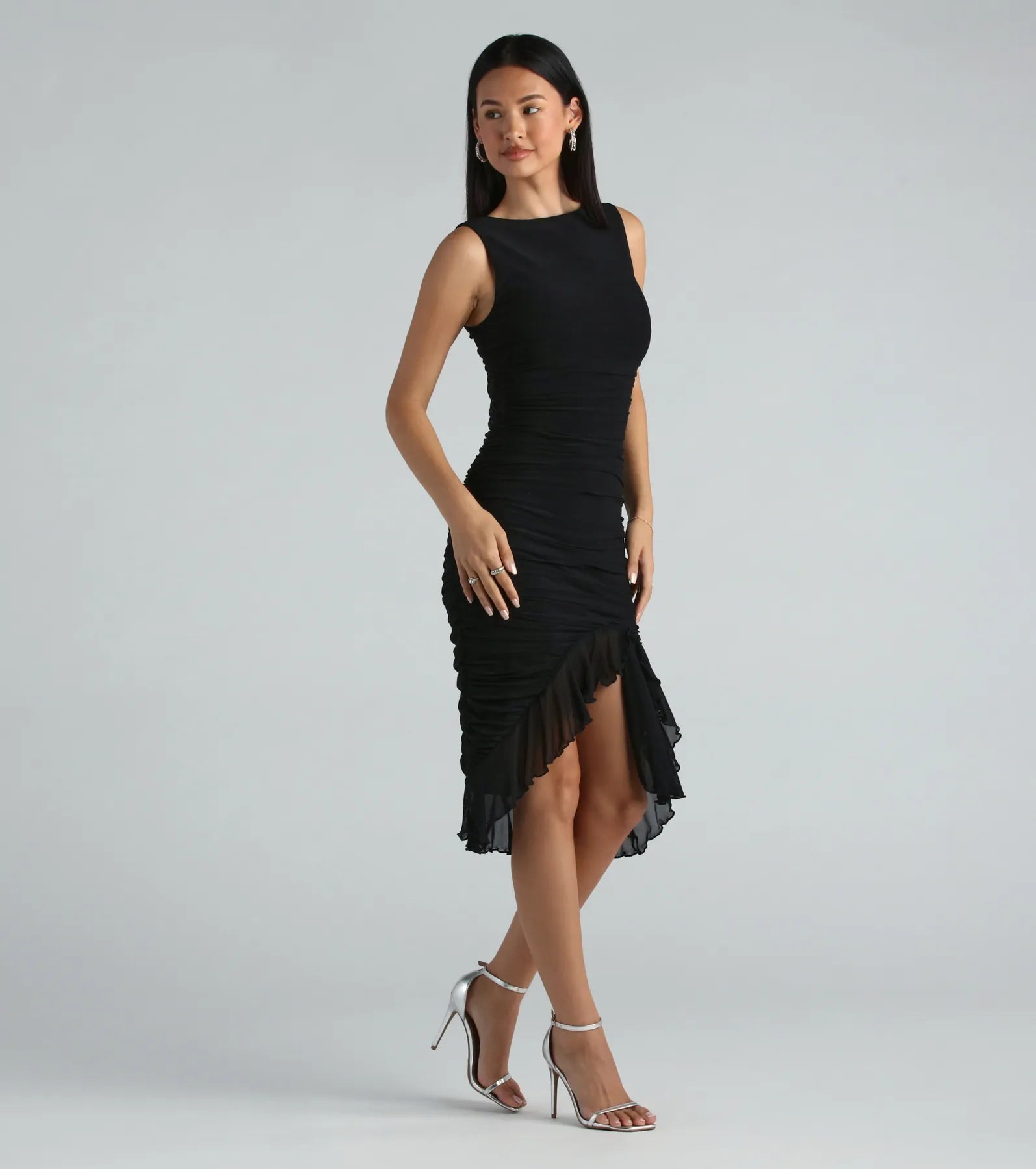 Casey Formal Mesh High Neck Ruffle Midi Dress