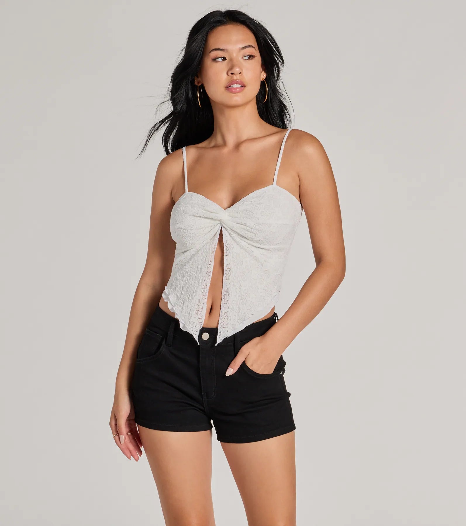 Sweetly Coy V-Neck Slit Lace Crop Top